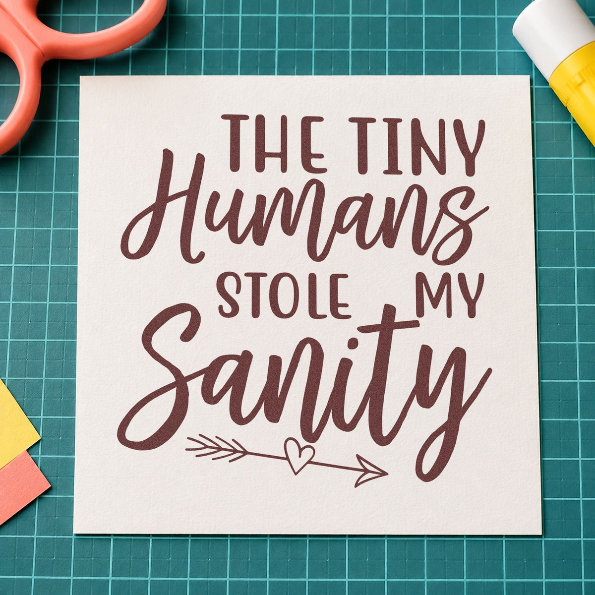 Tiny Humans Stole Sanity rubber stamp printed in brown ink, ready for coffee tin labels and similar paper crafts.
