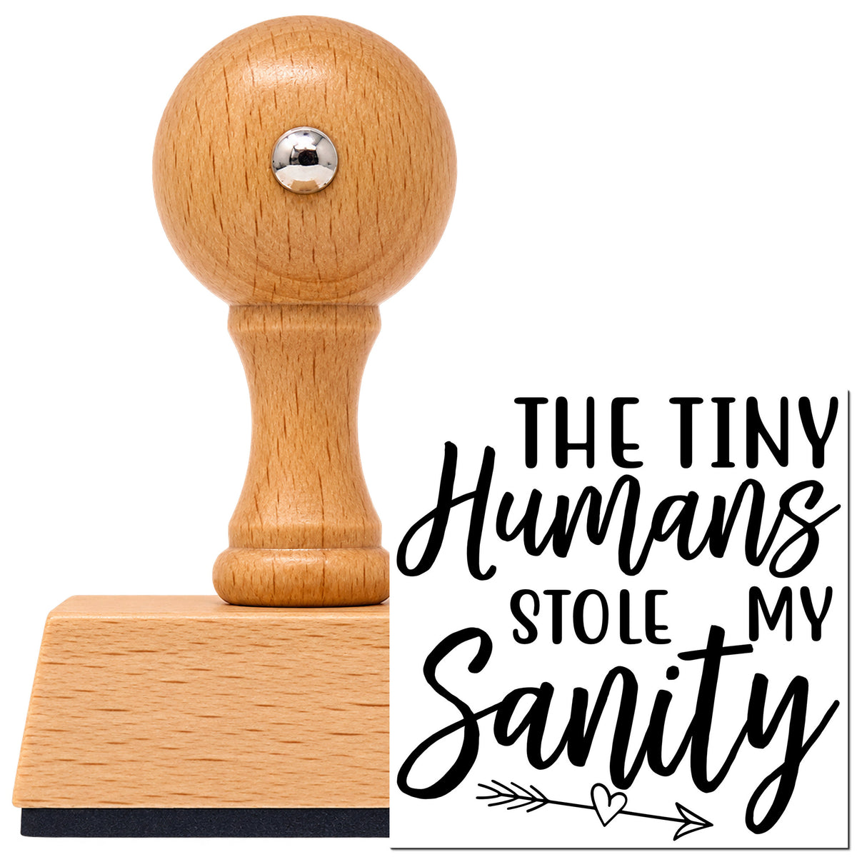Tiny Humans Stole Sanity Vintage Pro rubber stamp in European beech wood with a round knob handle, shown beside its black imprint.