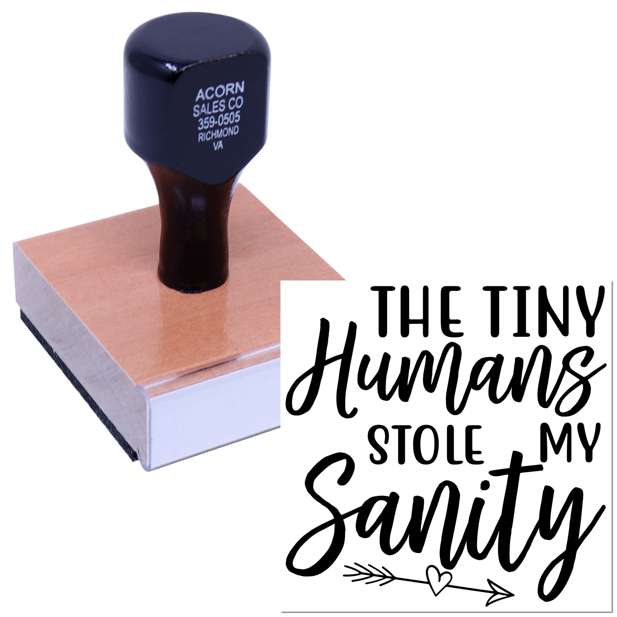 Custom rubber stamp design reading The Tiny Humans Stole My Sanity for fun personalized cards and craft projects.