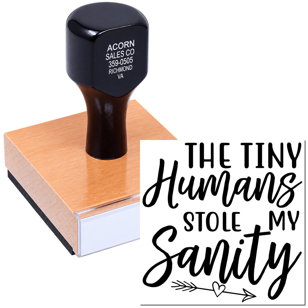 Custom rubber stamp design reading The Tiny Humans Stole My Sanity for fun personalized cards and craft projects.