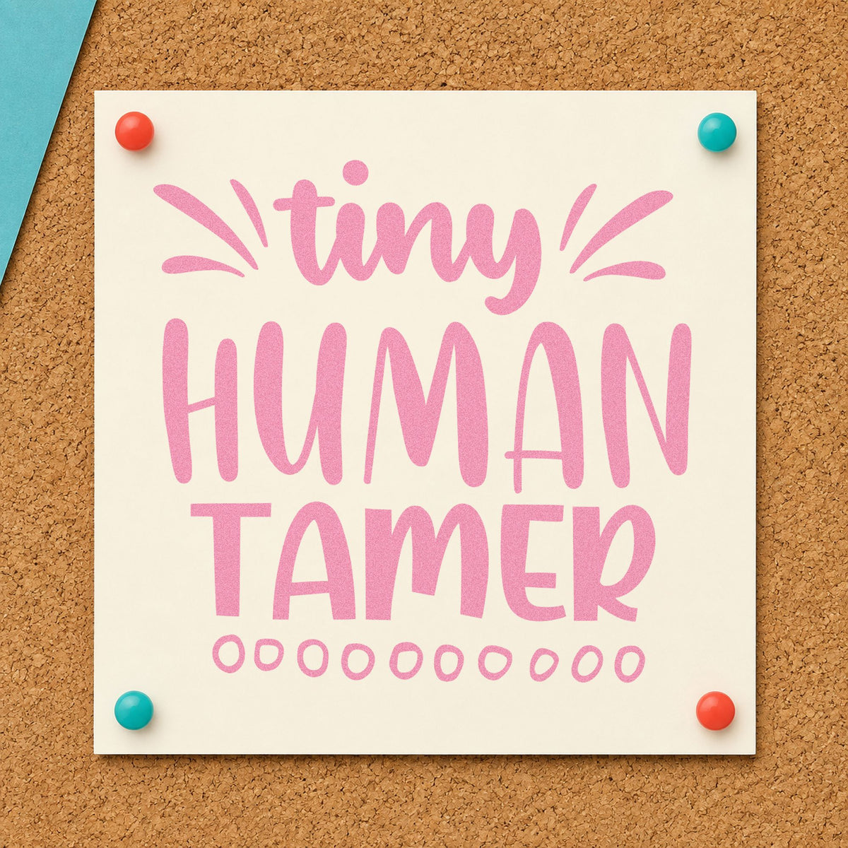 Tiny Human Tamer Lettering craft stamp in purple ink on cardstock, an easy option for playgroup gift tags.