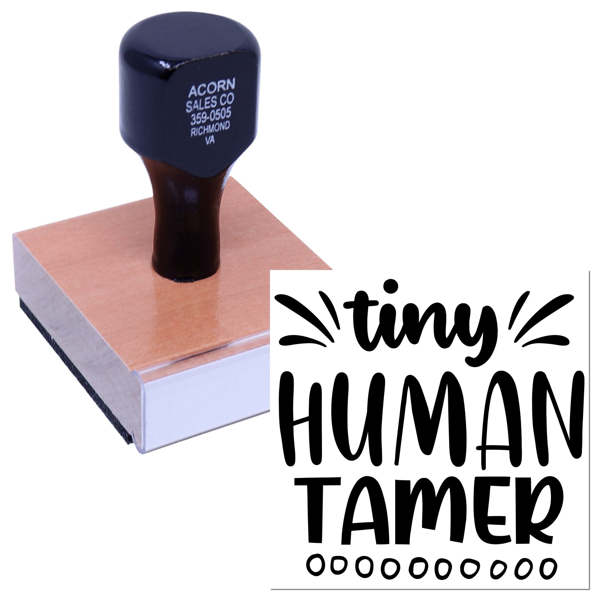 Custom rubber stamp with Tiny Human Tamer design, shown on ink pad for teachers, parents, and classroom use.