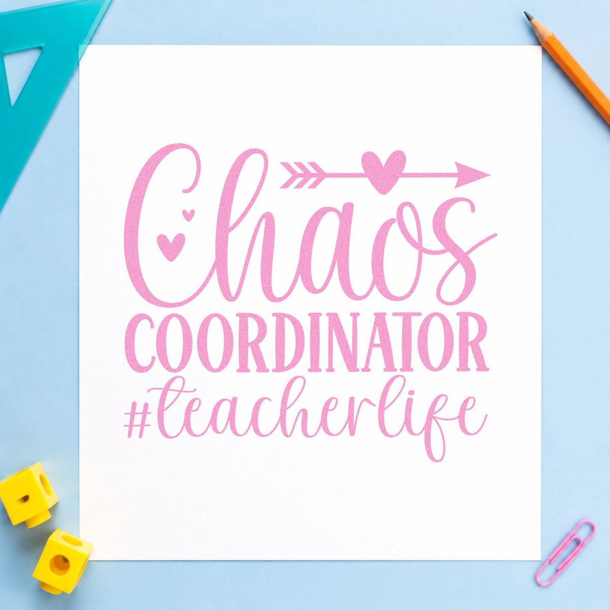 Chaos Coordinator Teacher Life craft stamp in purple ink on cardstock, an easy option for cover rota tags.
