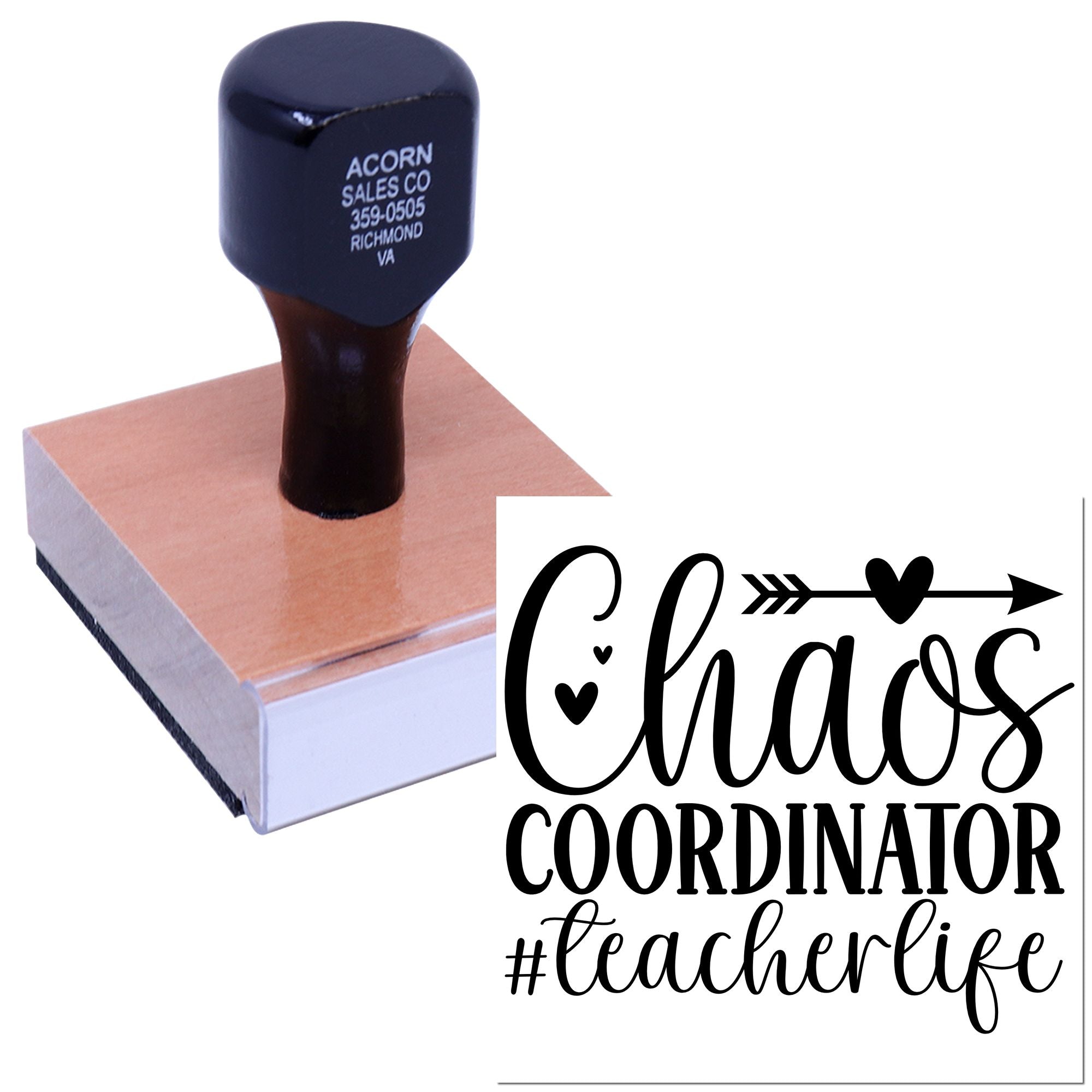 Personalized rubber stamp for teachers featuring Chaos Coordinator #teacherlife with heart arrow design.
