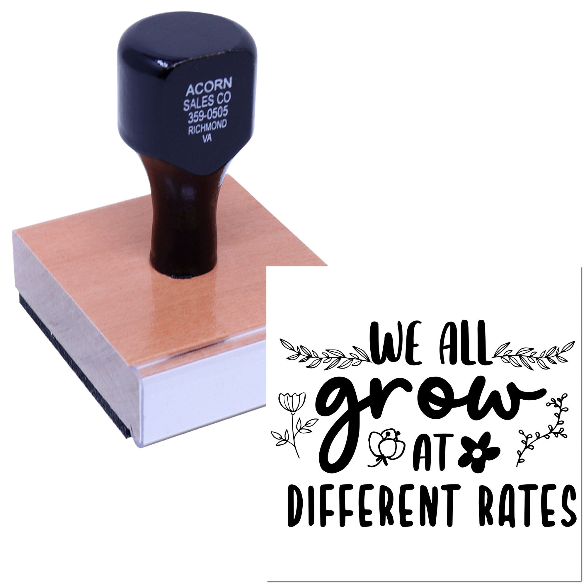 Custom rubber stamp with We All Grow at Different Rates floral design for teachers, classrooms, and encouragement notes.