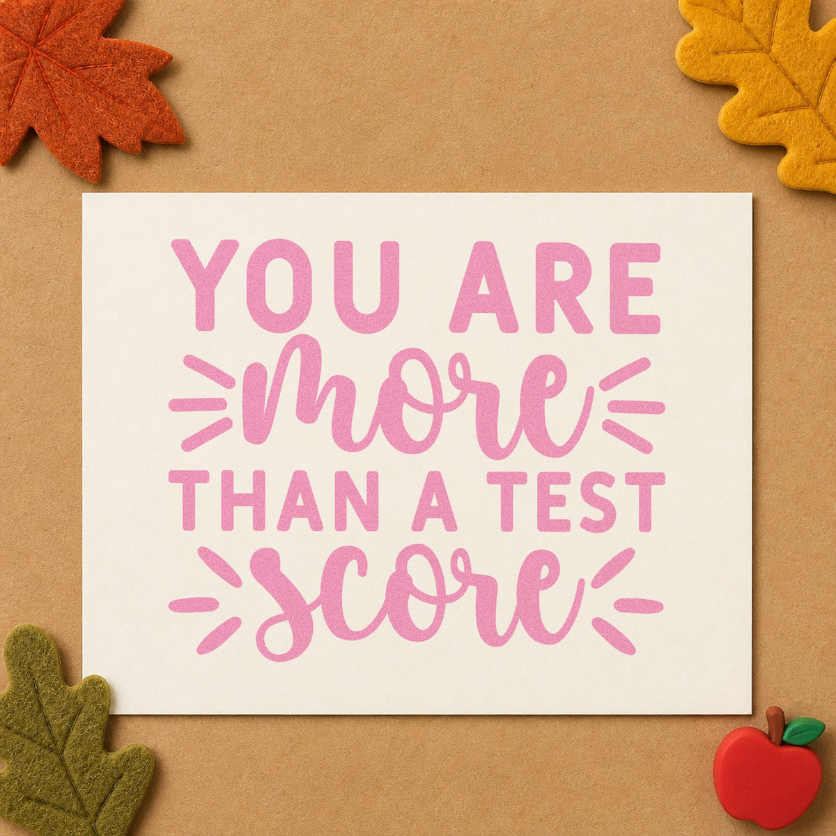 More Than Test Score craft stamp in purple ink on cardstock, an easy option for exam kit tags.