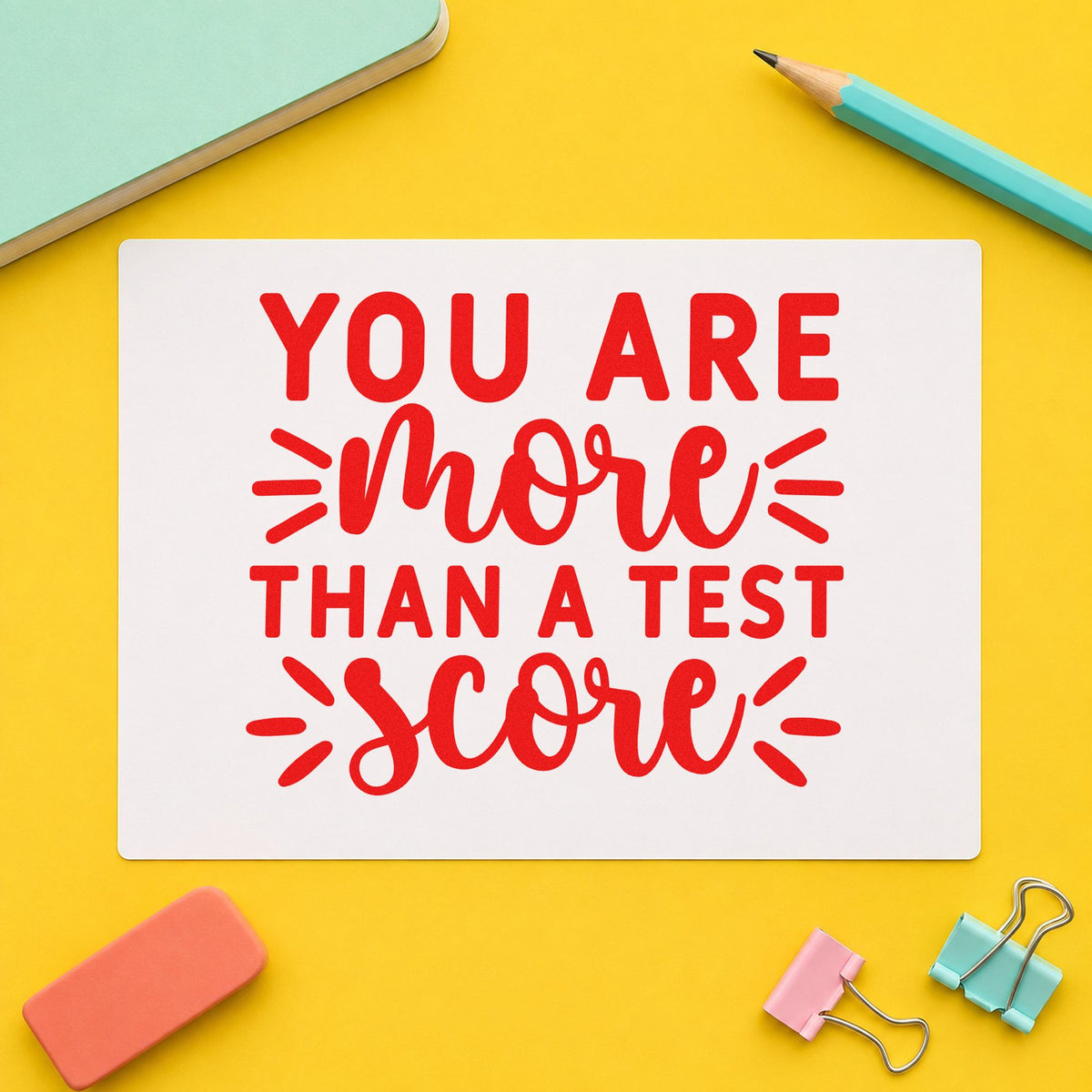 More Than Test Score rubber stamp shown in red ink, stamped for projects such as retake year notes.
