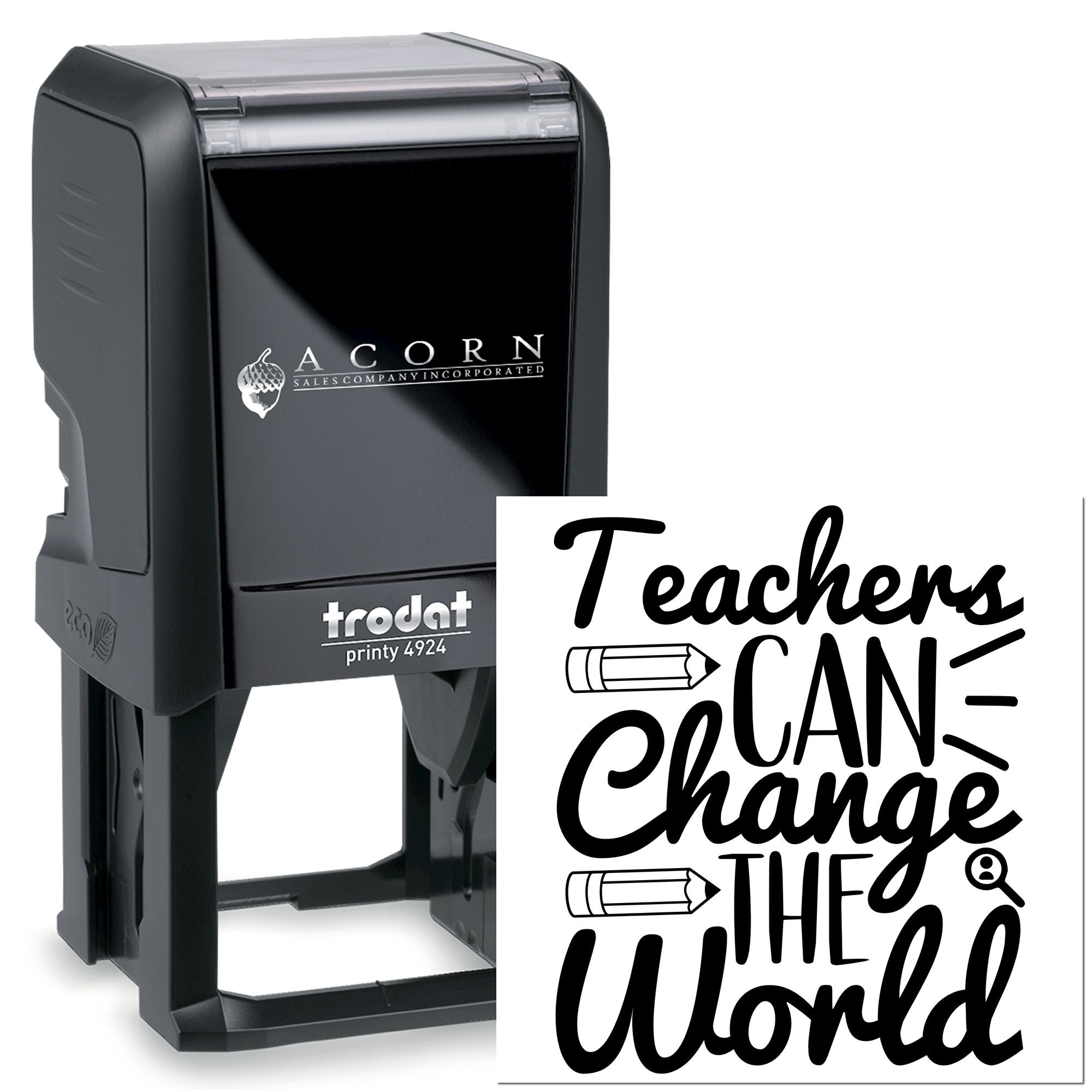 Trodat self-inking teacher rubber stamp with Teachers Can Change the World imprint for classroom messages.