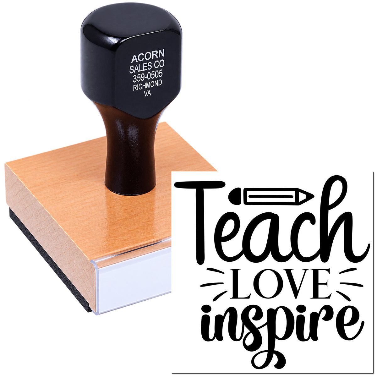 Custom Teach Love Inspire rubber stamp for teacher appreciation projects, classroom crafts, and gifts