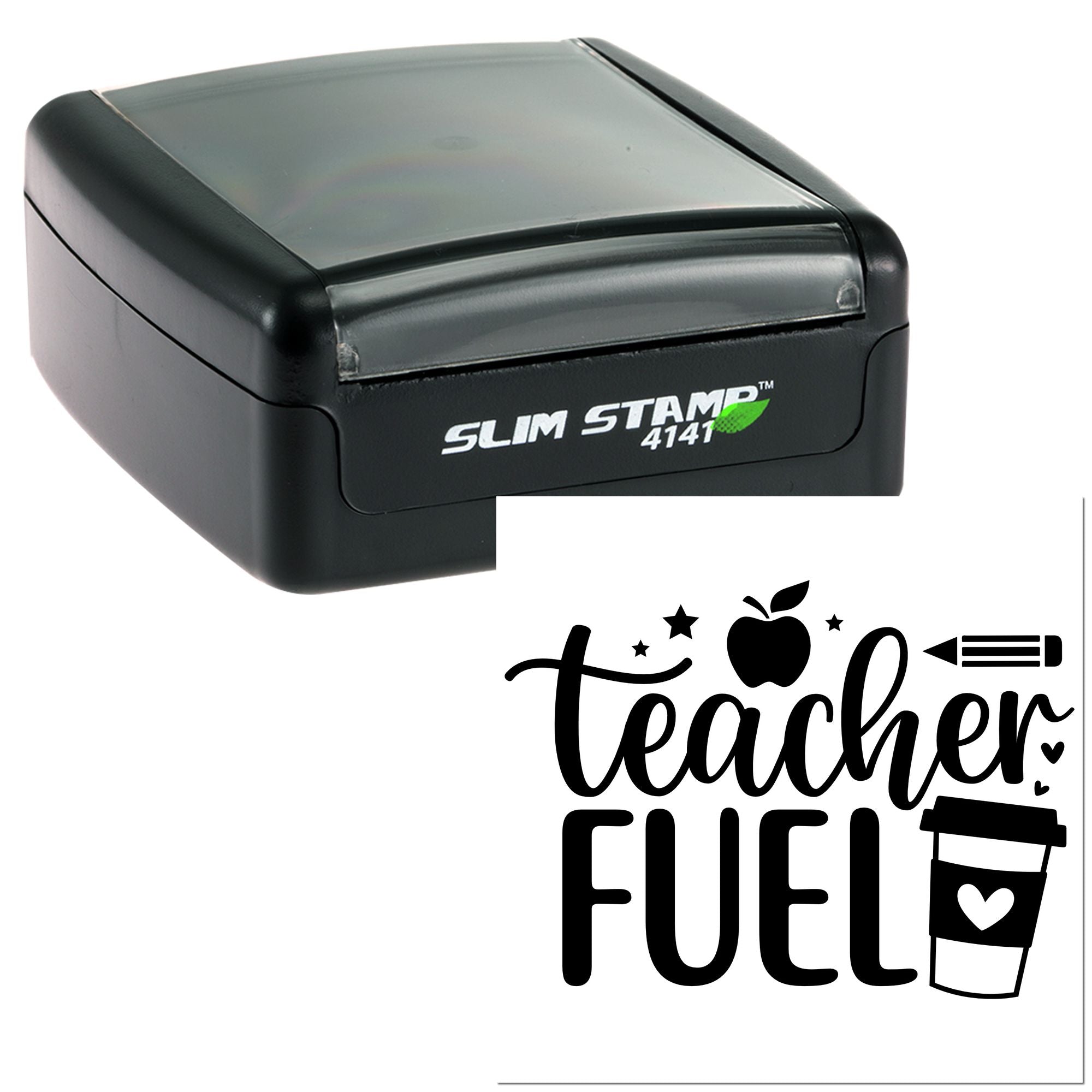 Slim self-inking rubber stamp with Teacher Fuel design for classroom rewards, teacher gifts, and educator crafts.