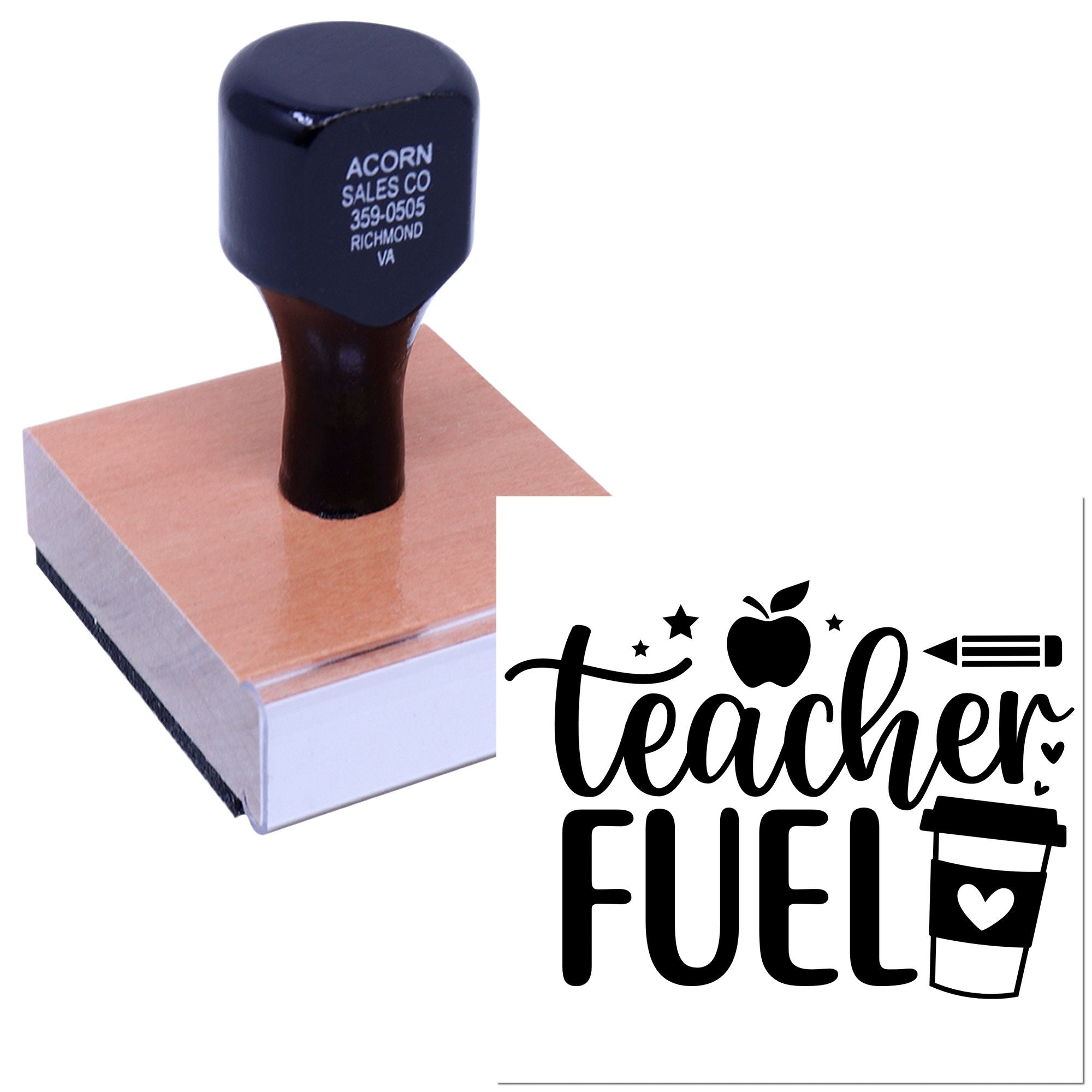 Custom teacher rubber stamp with coffee cup design for classroom labeling, teacher gifts and appreciation notes.