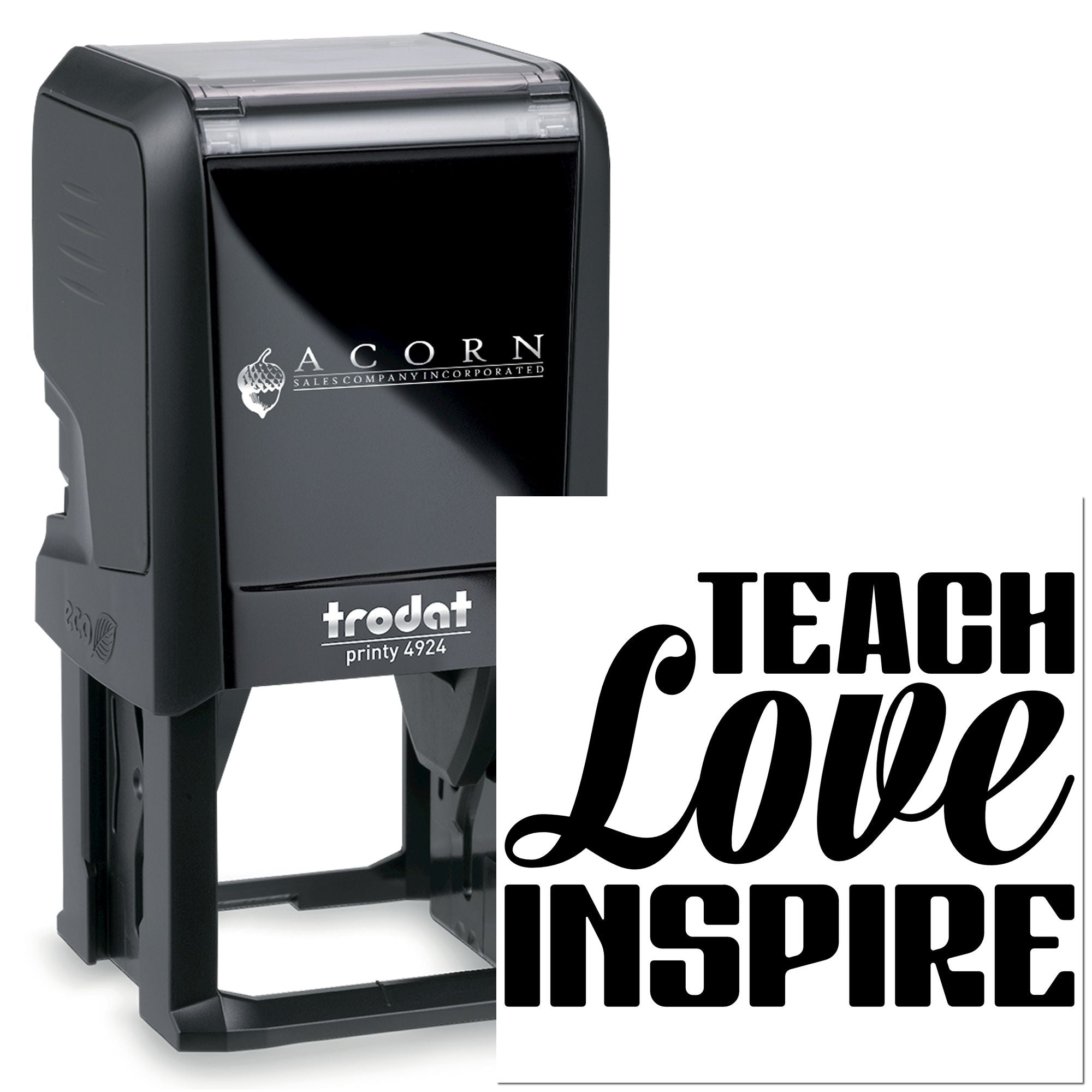 Trodat Printy 4924 self-inking rubber stamp with Teach Love Inspire design for teachers and classroom use.