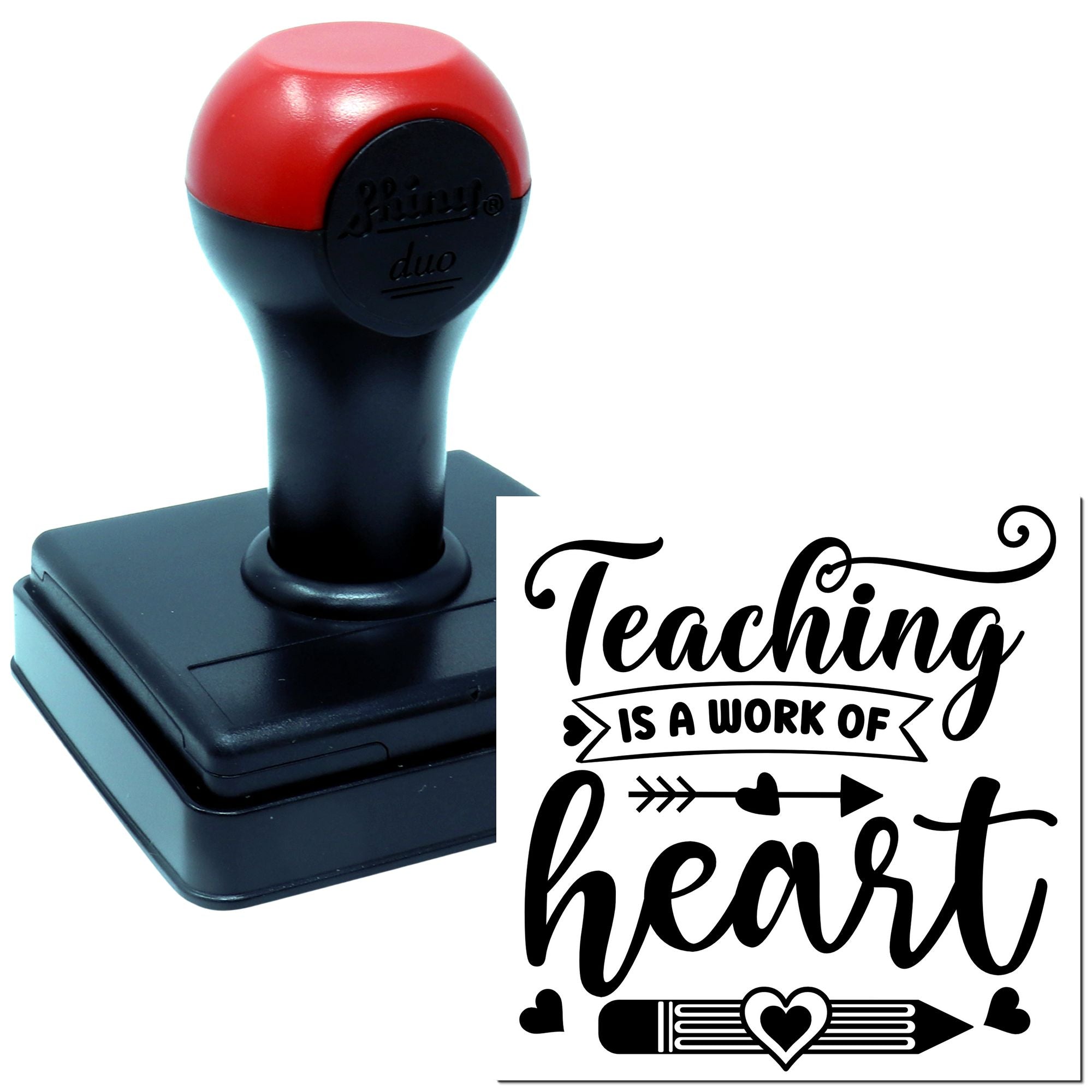 Self-inking rubber teacher stamp with Teaching Is a Work of Heart design, hearts, and pencil motif for classroom use