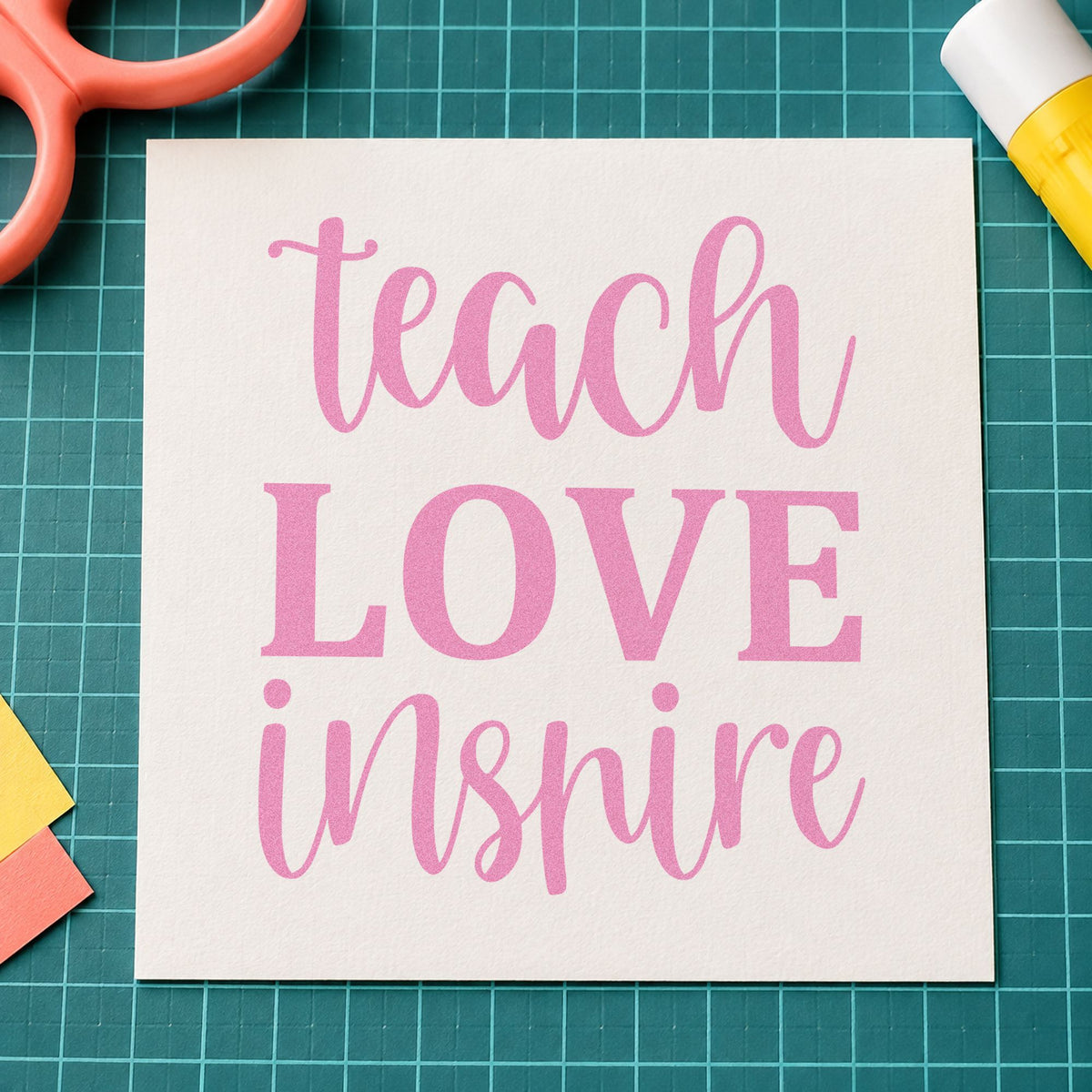 Teach Love Inspire Simple Script craft stamp in purple ink on cardstock, an easy option for certificate tags.
