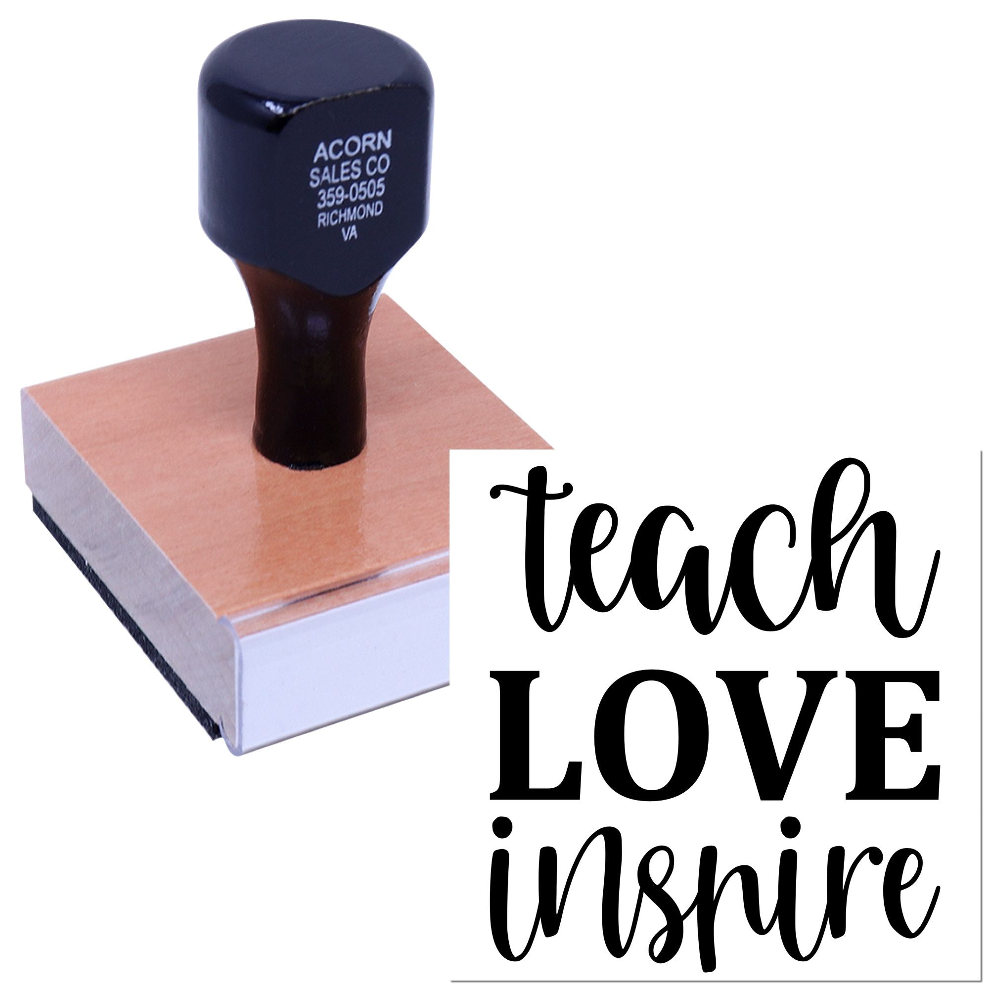 Custom rubber stamp with Teach Love Inspire design for teachers, classroom crafts, and inspirational stationery.