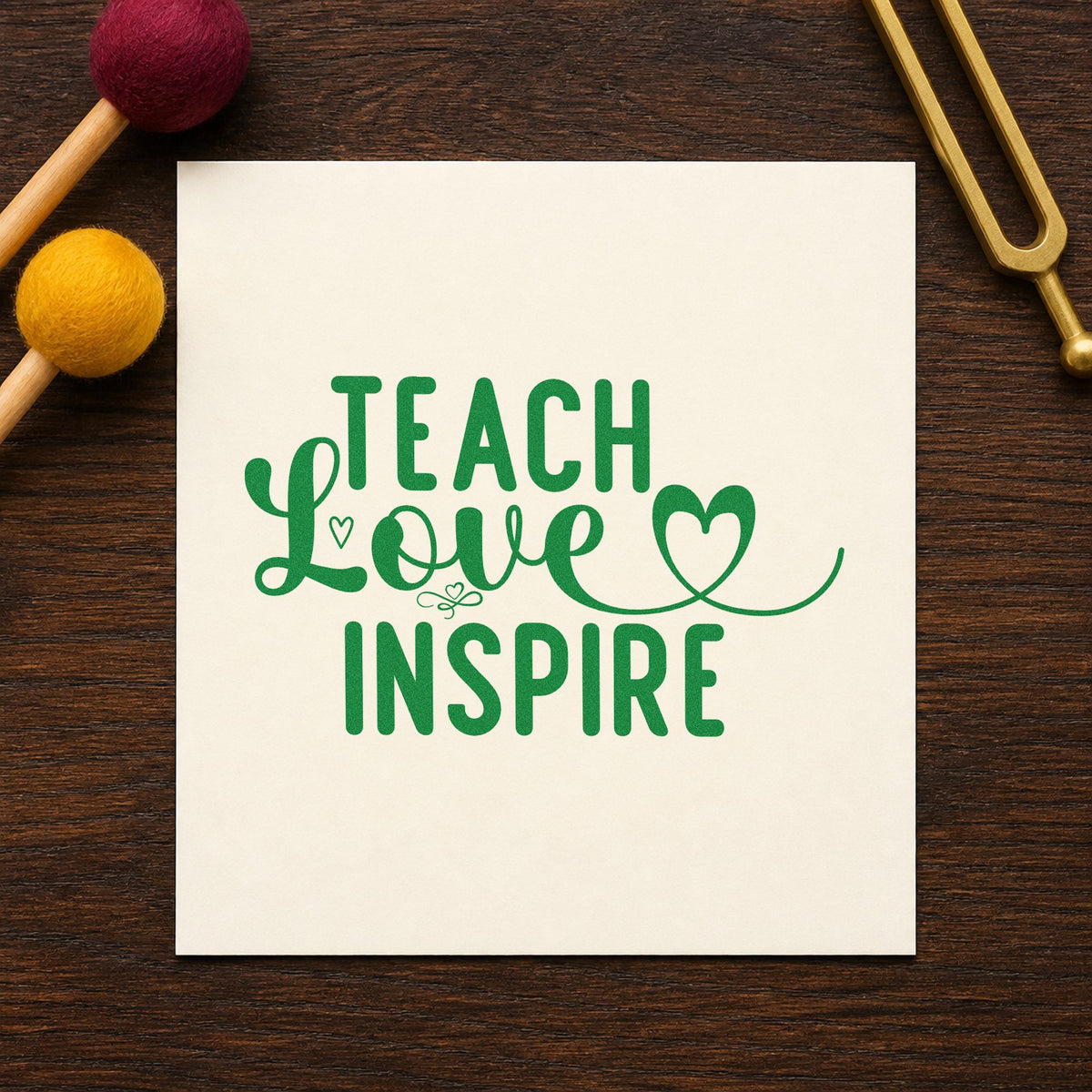 Teach Love Inspire Heart Flourish Rubber Stamp – Duo Hand in use 3