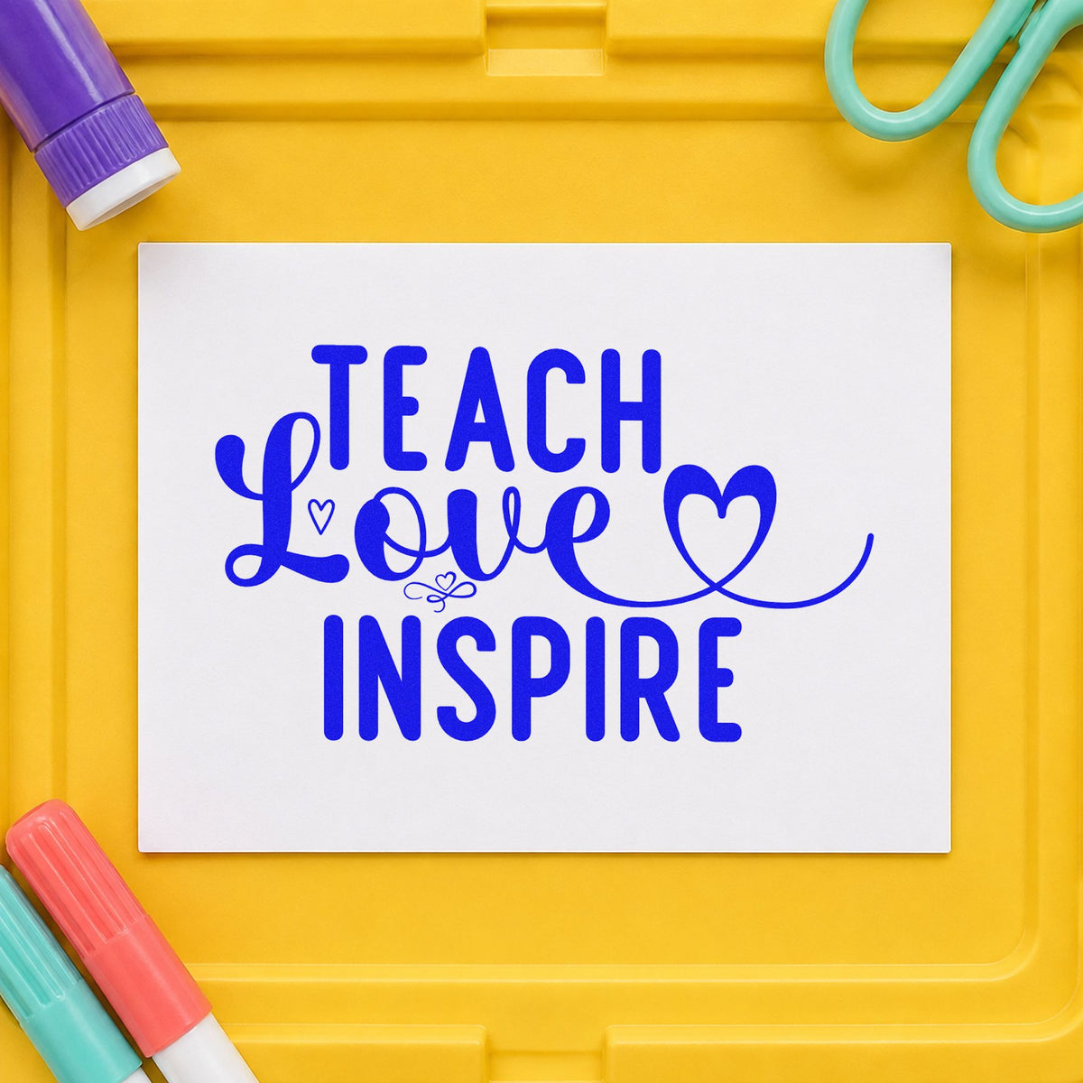 Teach Love Inspire Heart Flourish Rubber Stamp – Duo Hand in use 5