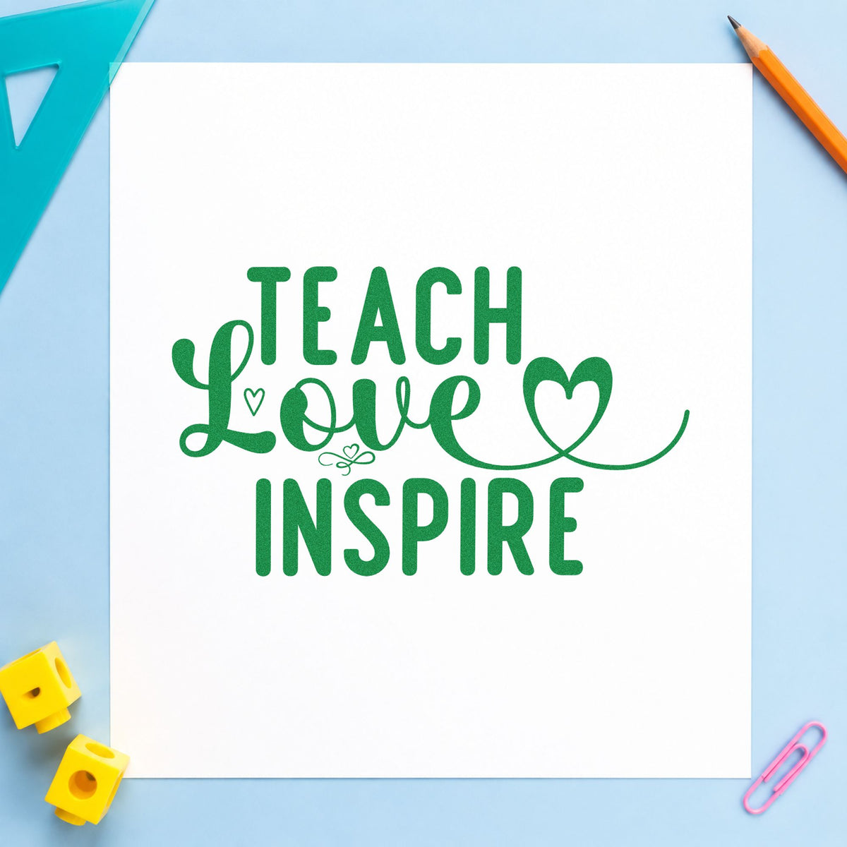 Teach Love Inspire Heart Flourish Rubber Stamp – Duo Hand in use 8