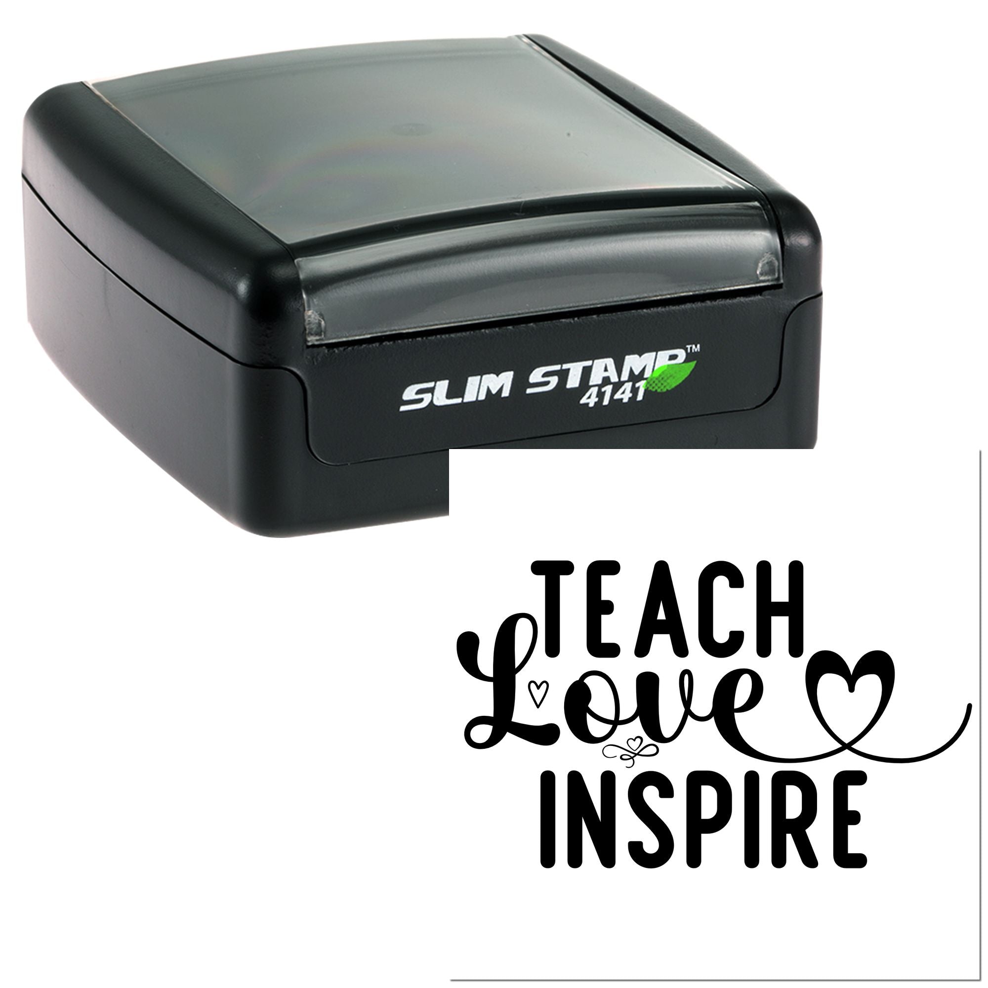 Self-inking rubber stamp with Teach Love Inspire design for teachers, classrooms, and motivational crafts.