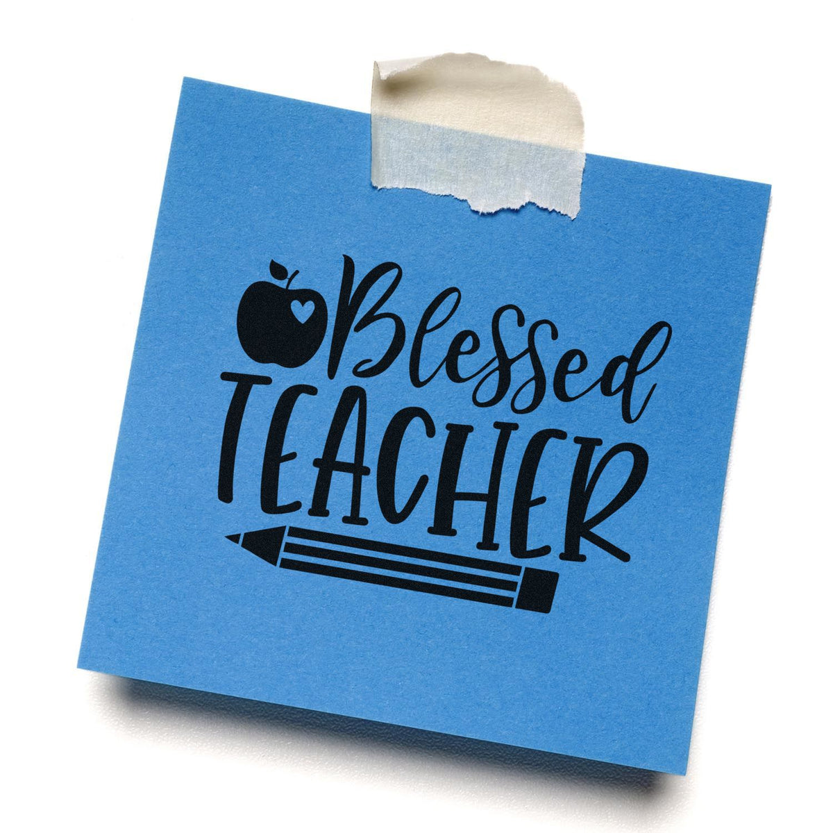 Blessed Teacher rubber stamp design with apple and pencil on blue note, perfect for teacher appreciation crafts.