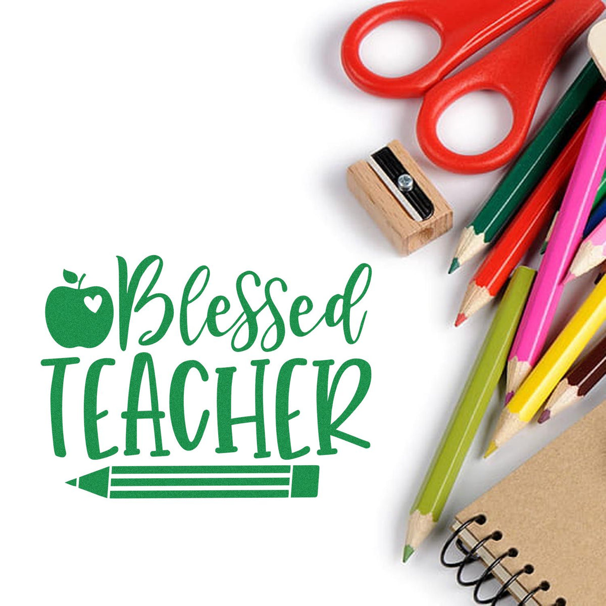 Blessed Teacher rubber stamp design with apple and pencil, ideal for classroom crafts, teacher appreciation, and school supply labeling.