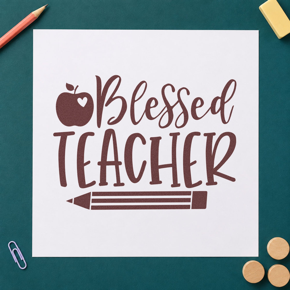 Blessed Teacher Apple Pencil rubber stamp printed in brown ink, ready for bible shelf labels and similar paper crafts.