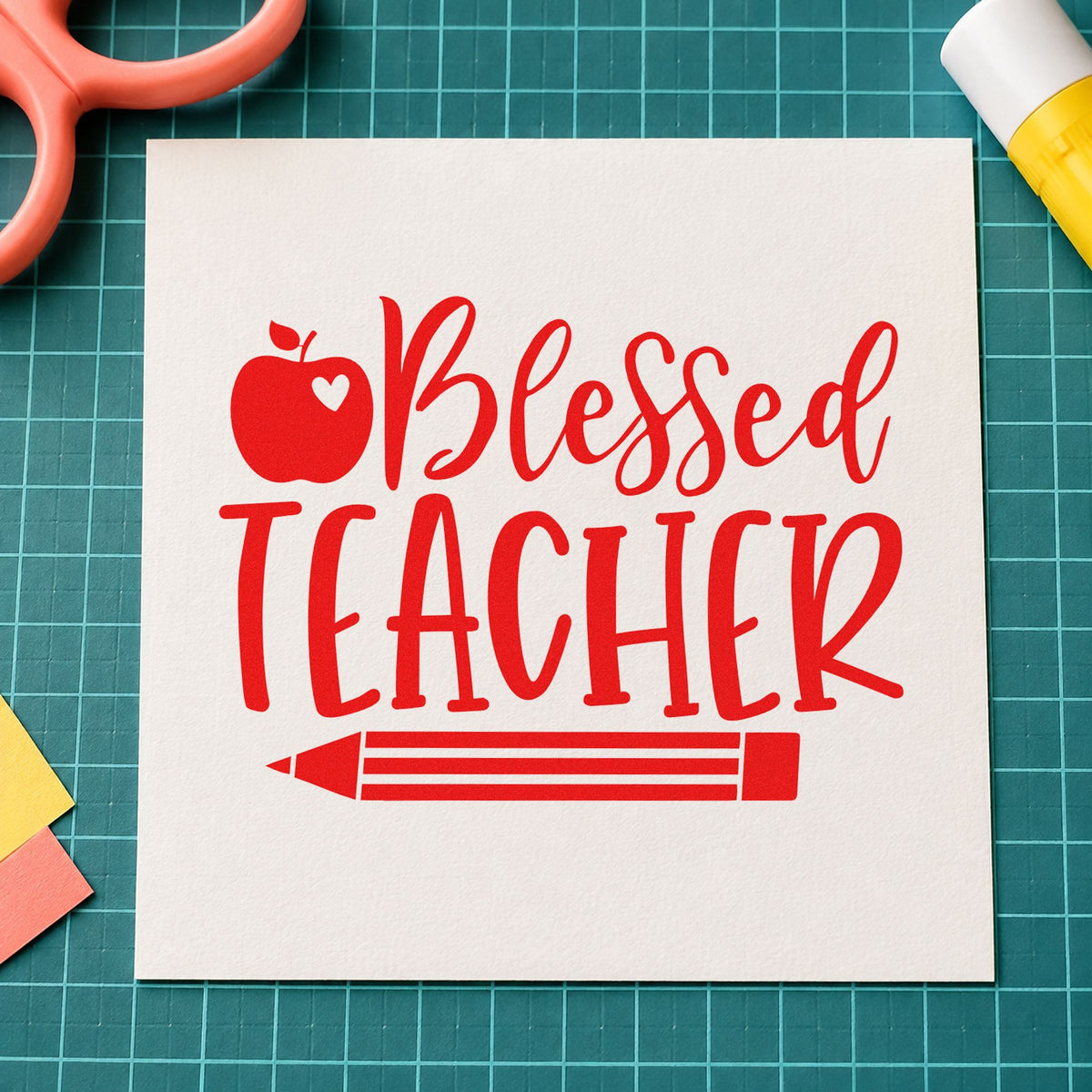 Blessed Teacher Apple Pencil rubber stamp shown in red ink, stamped for projects such as commissioning notes.