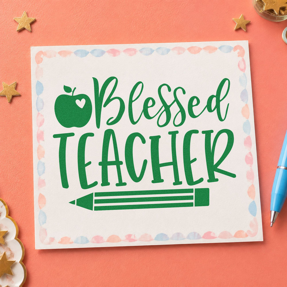 Blessed Teacher Apple Pencil craft stamp imprint in green ink on a handmade project, one idea being framed office shelf.