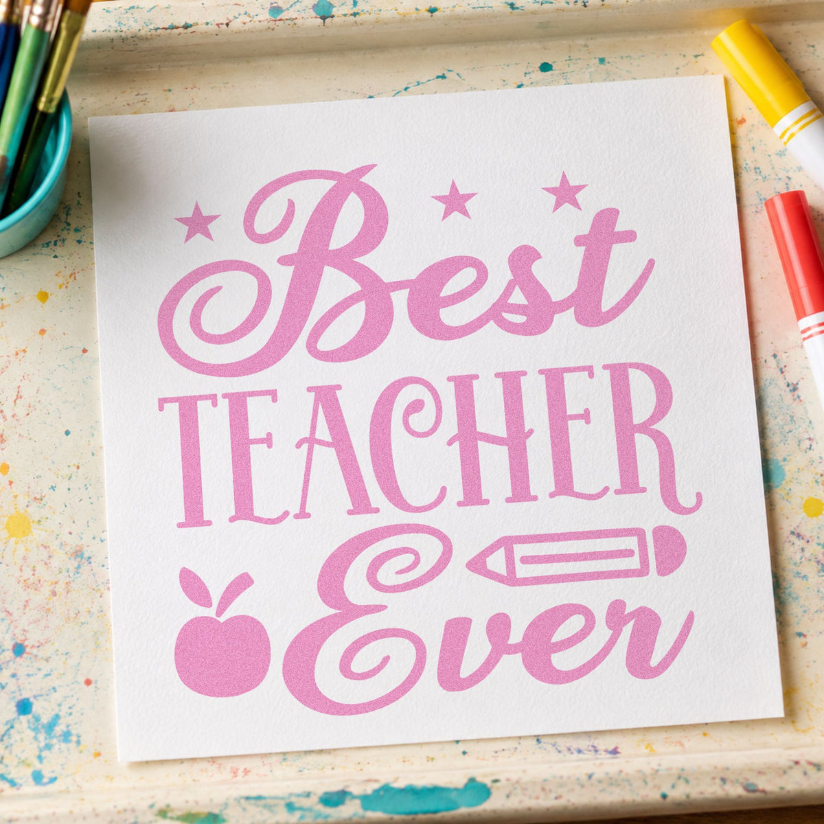 Best Teacher Ever Stars craft stamp in purple ink on cardstock, an easy option for class vote tags.