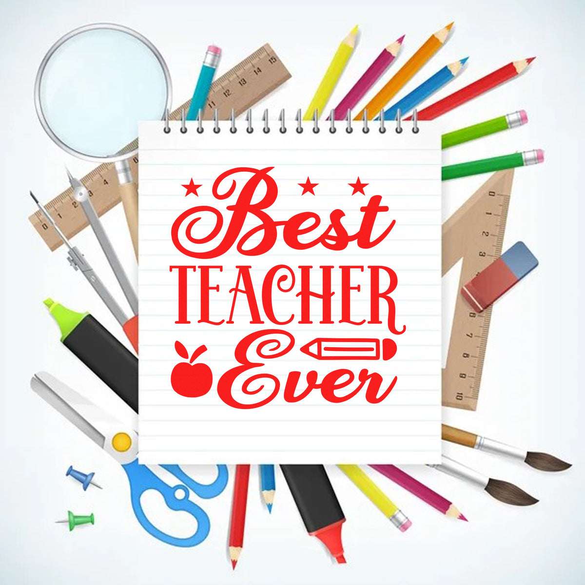 Best Teacher Ever rubber stamp design with school supplies, ideal for teacher appreciation gifts and classroom crafts.