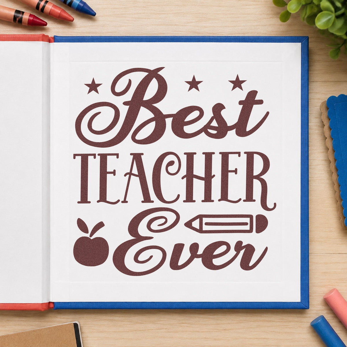 Best Teacher Ever Stars rubber stamp printed in brown ink, ready for prize box labels and similar paper crafts.