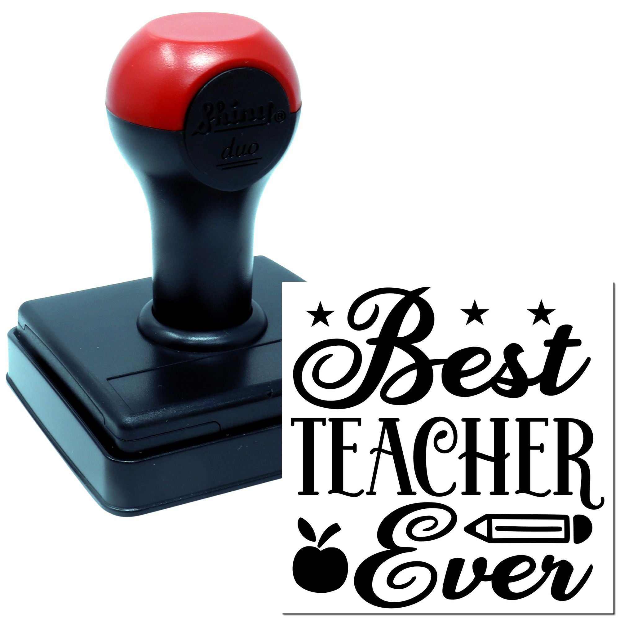 Self-inking rubber stamp with Best Teacher Ever design for teacher appreciation gifts and classroom use.