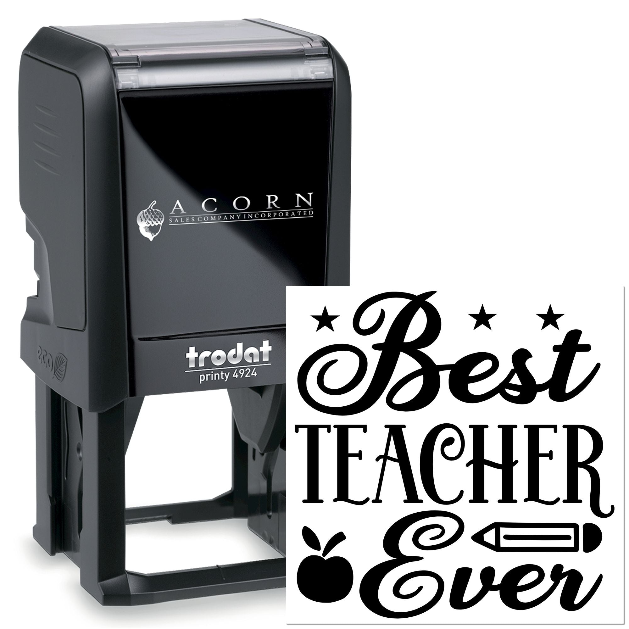 Trodat self-inking rubber stamp with Best Teacher Ever custom imprint for classroom gifts and grading.