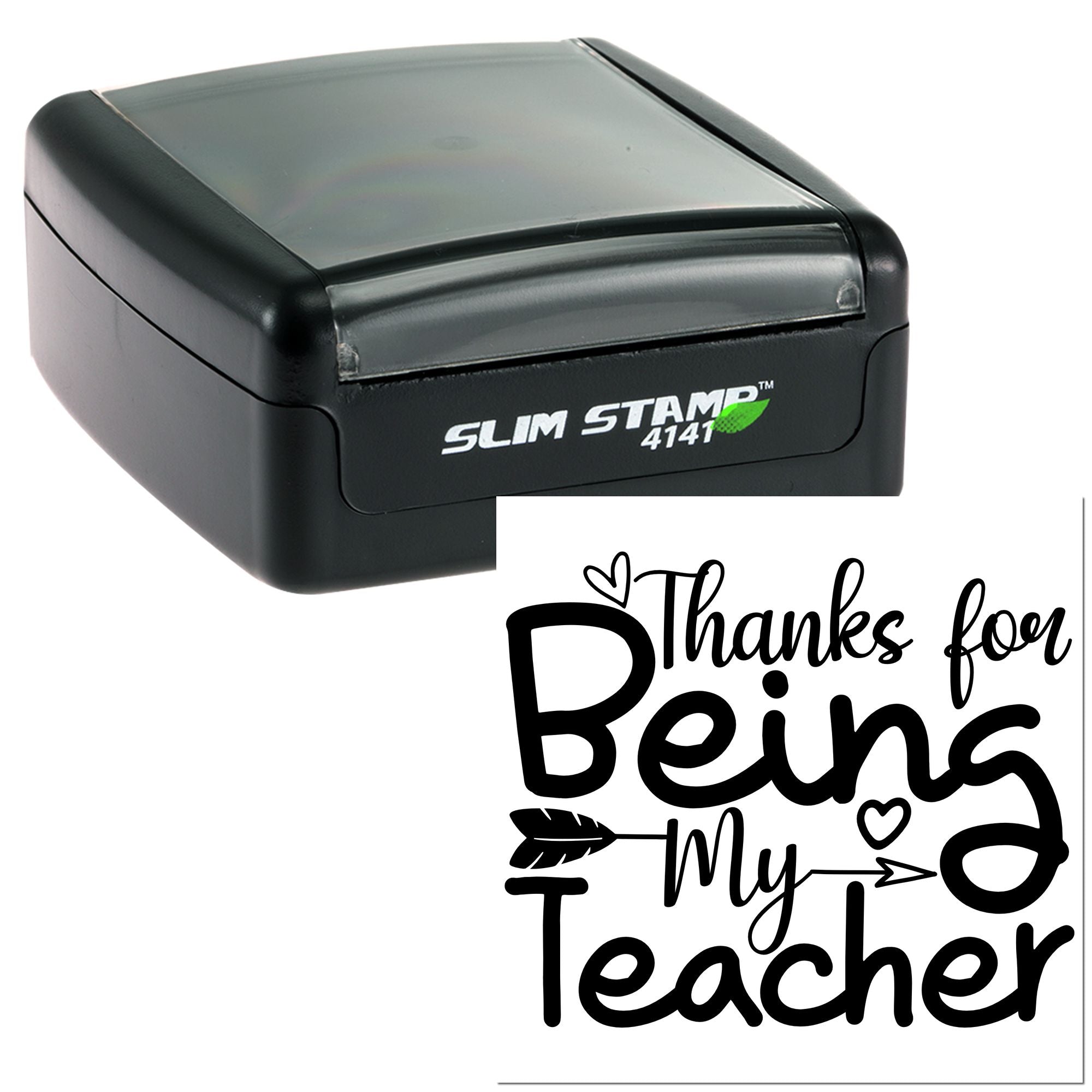 Self-inking rubber stamp with Thanks for Being My Teacher design for teacher appreciation cards and crafts.