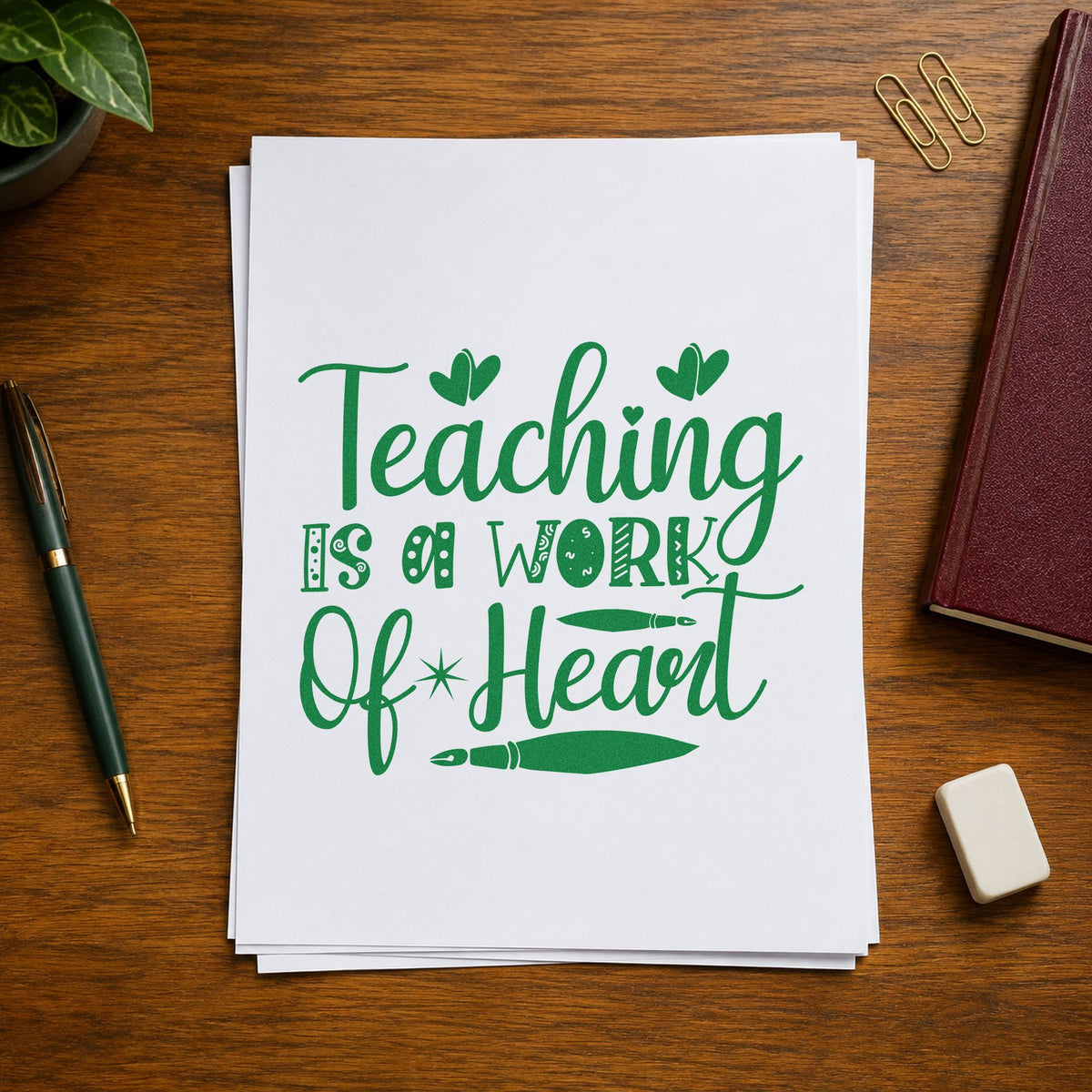 Teaching Work Of Heart Pens craft stamp imprint in green ink on a handmade project, one idea being practice grid pages.