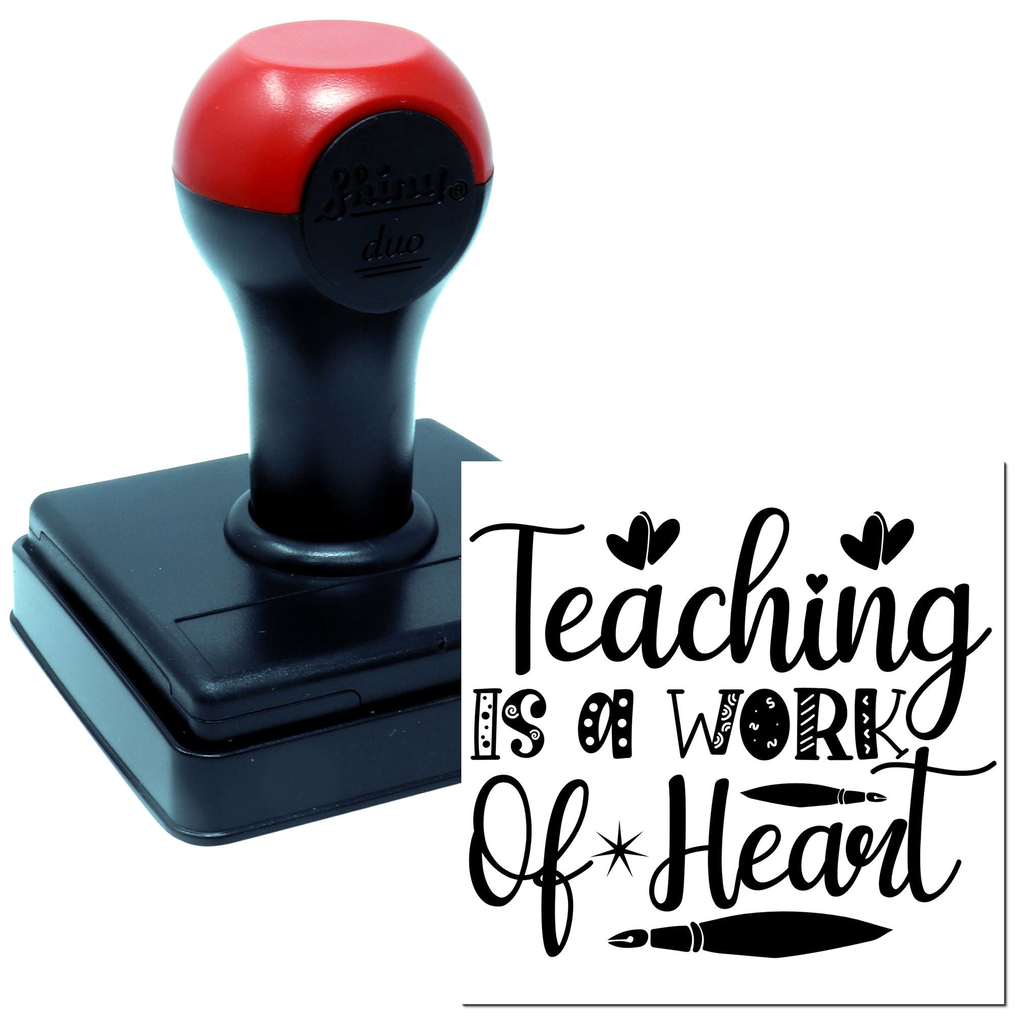 Self-inking rubber stamp with Teaching Is a Work of Heart quote, ideal for teacher appreciation, classroom grading, and crafts.