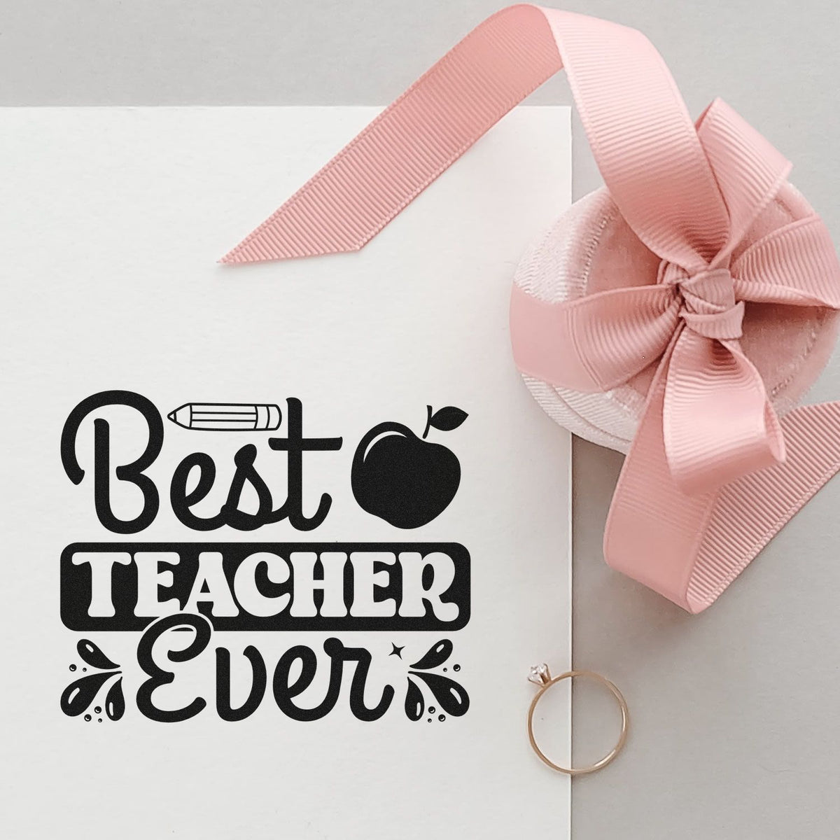 Best Teacher Ever rubber stamp design with pencil and apple, ideal for teacher appreciation gifts and stationery.