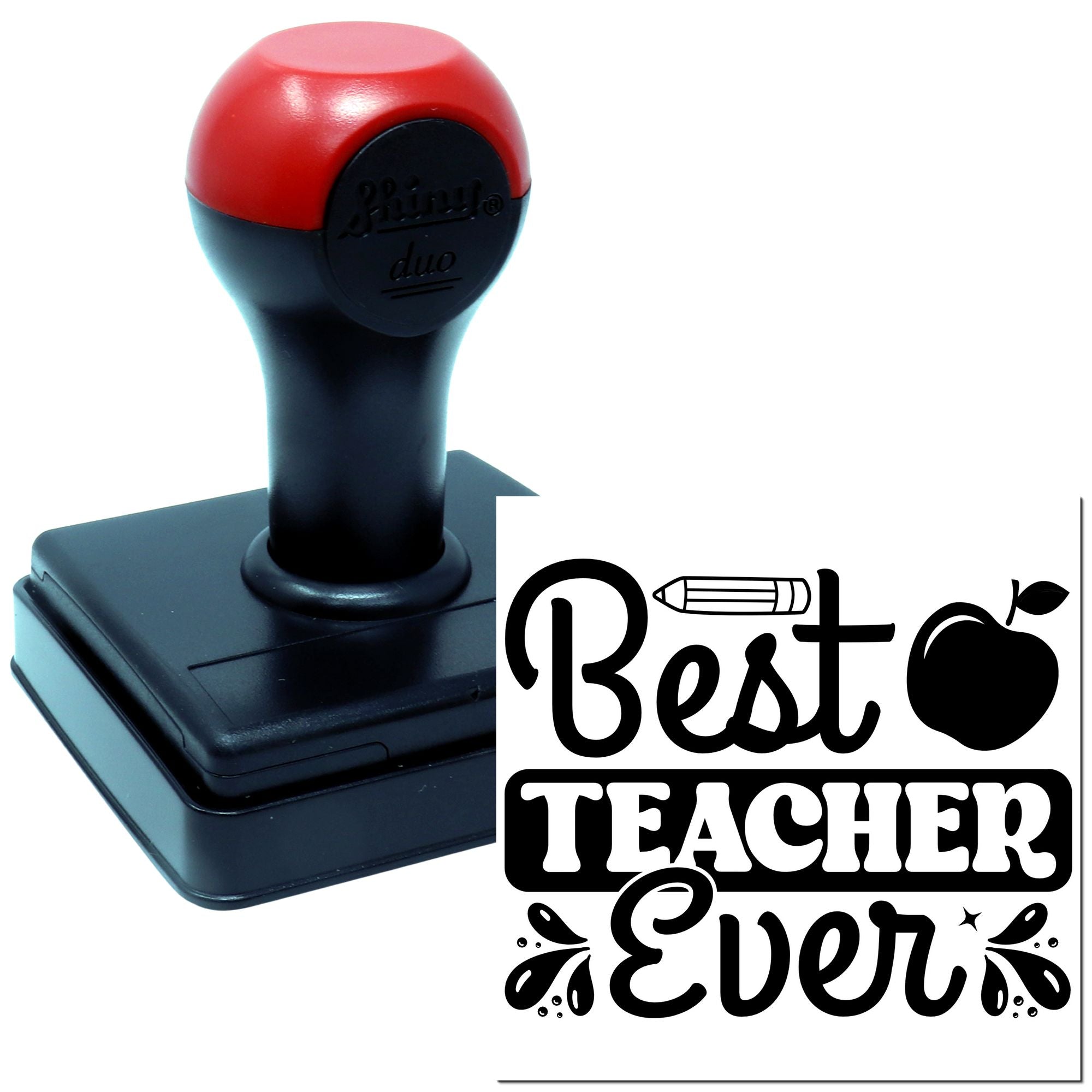 Best Teacher Ever rubber stamp with apple and pencil design for classroom awards, teacher gifts, and crafts