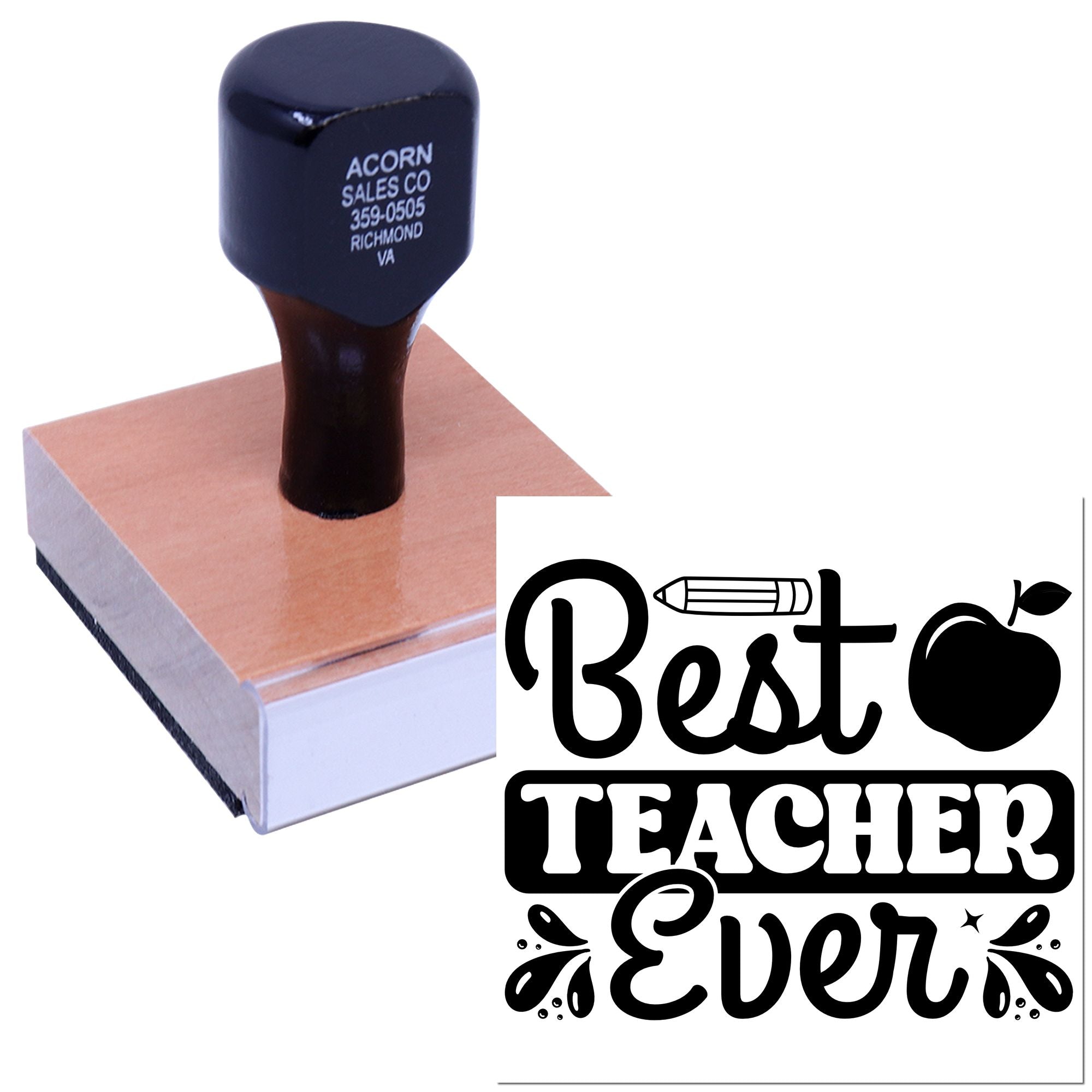 Best Teacher Ever rubber stamp with apple and pencil design for classroom gifts, school crafts, and teacher appreciation.