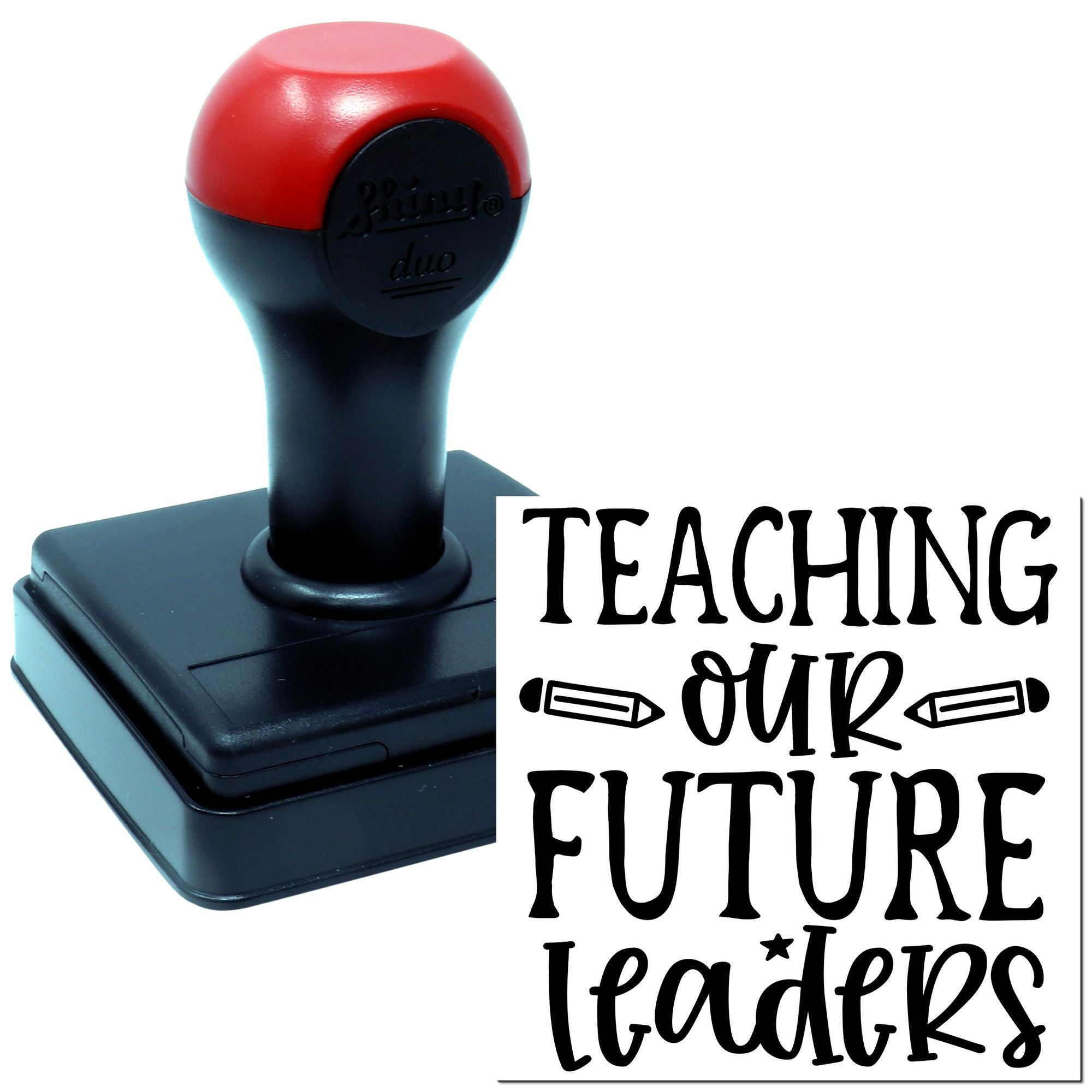 Self-inking teacher rubber stamp with Teaching Our Future Leaders design for classroom grading and student encouragement.