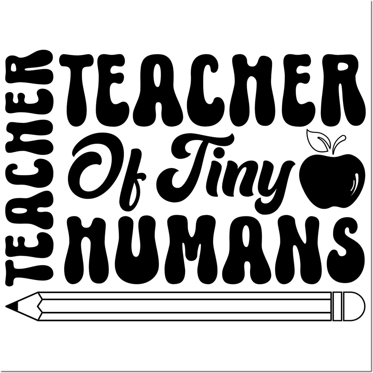 Teacher of Tiny Humans rubber stamp design with apple icon and pencil illustration, perfect for educator crafts and custom stamping