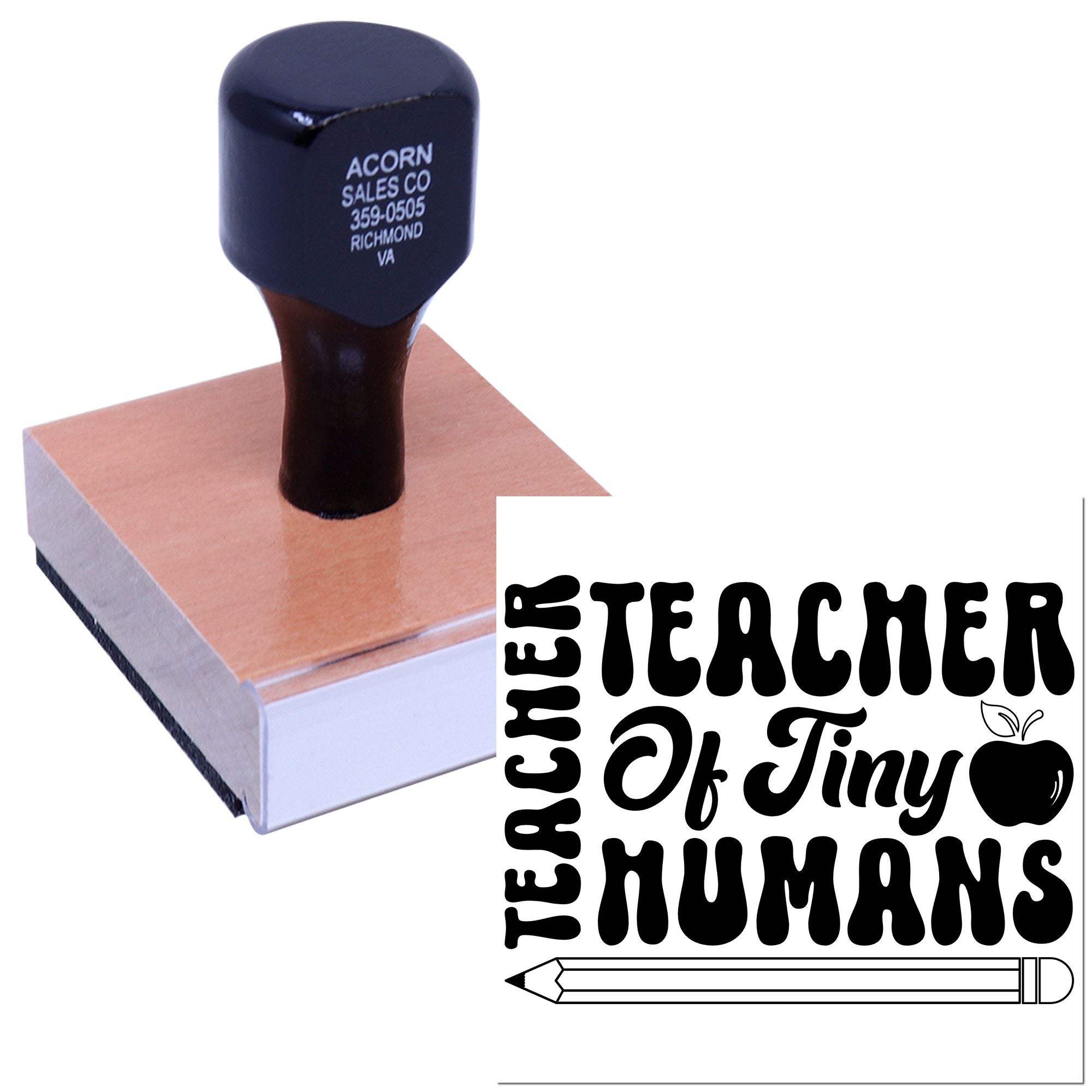 Personalized teacher rubber stamp with Teacher of Tiny Humans design, apple icon, and pencil graphic on stamp block.