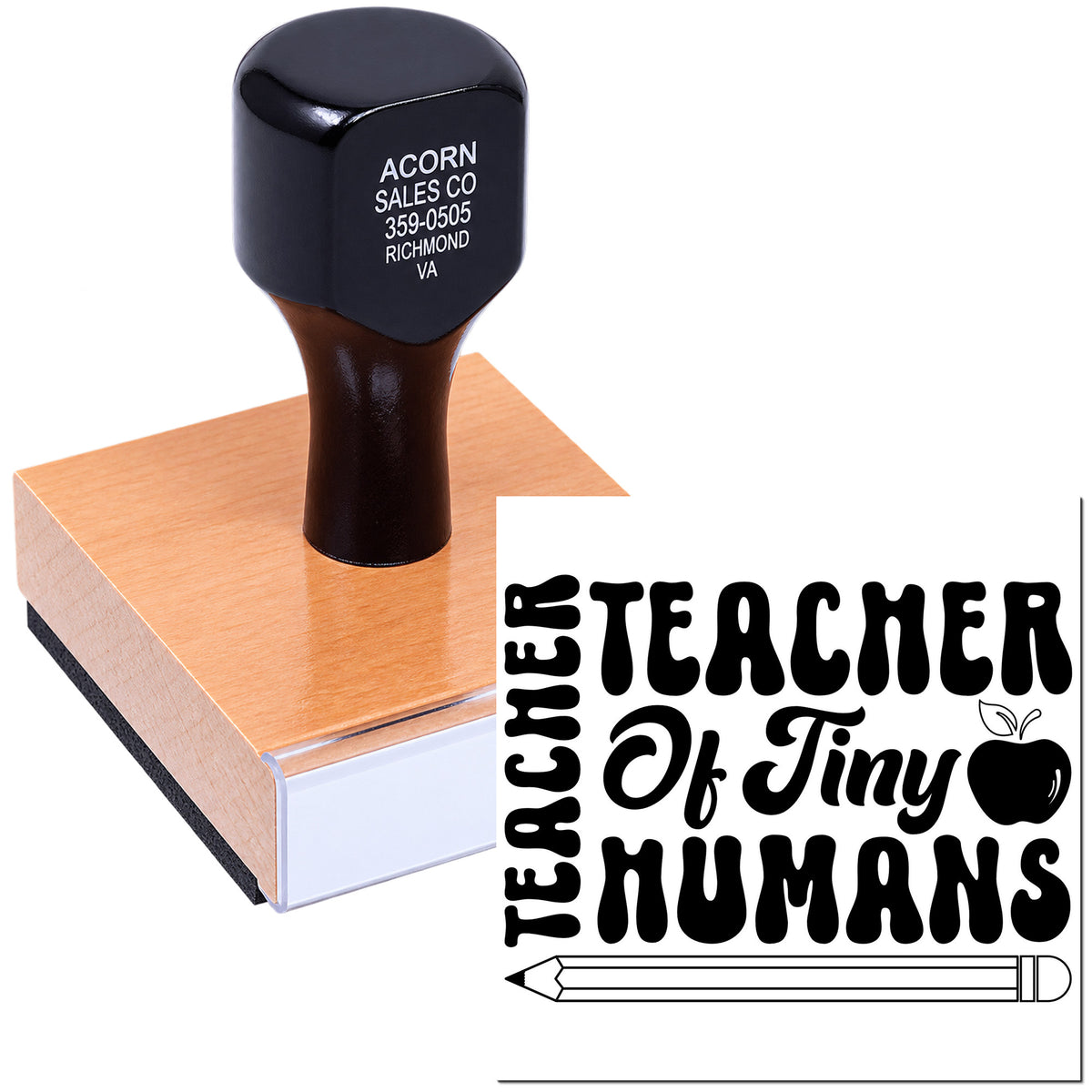 Personalized teacher rubber stamp with Teacher of Tiny Humans design, apple icon, and pencil graphic on stamp block.