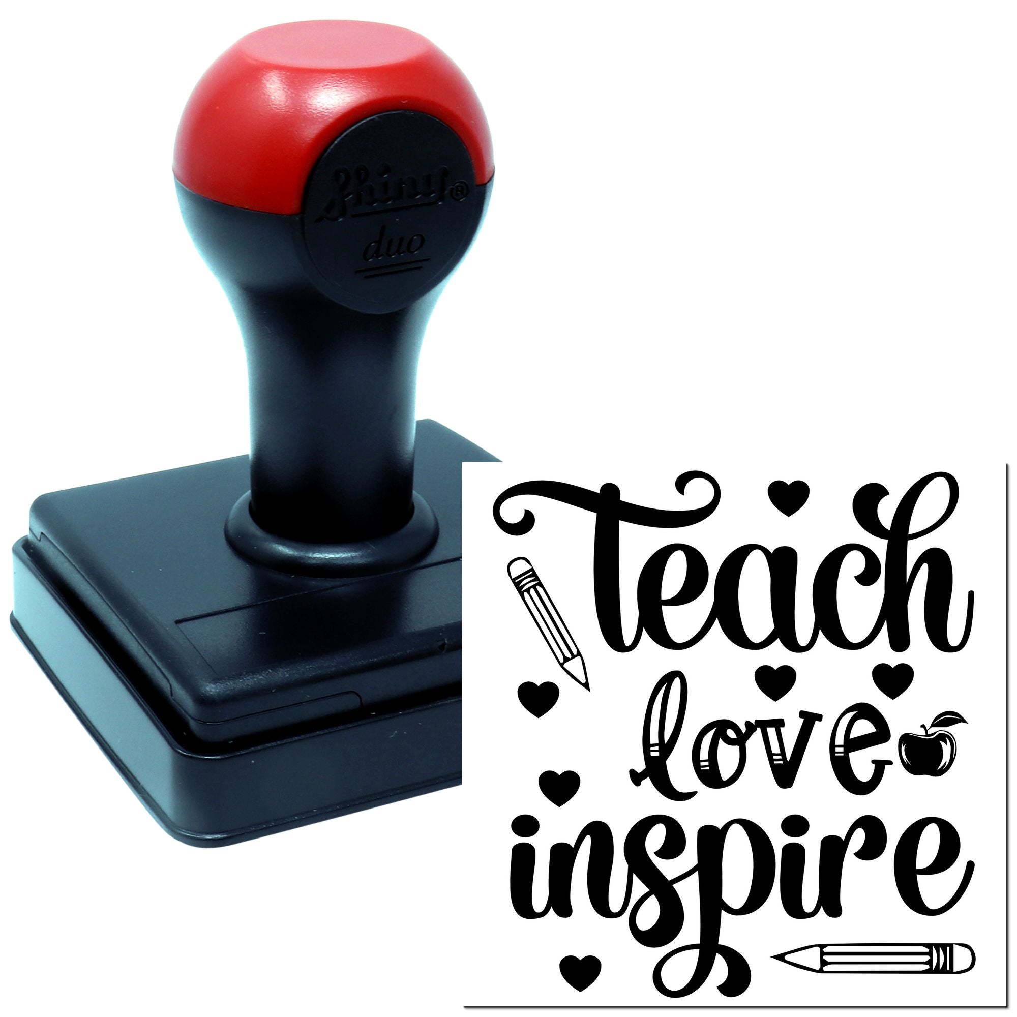 Teacher self-inking rubber stamp with Teach Love Inspire design for classroom rewards, educator crafts, and school use.