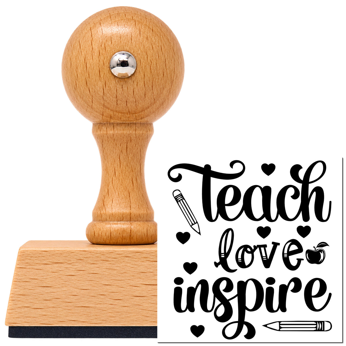 Teach Love Inspire Hearts Vintage Pro rubber stamp in European beech wood with a round knob handle, shown beside its black imprint.