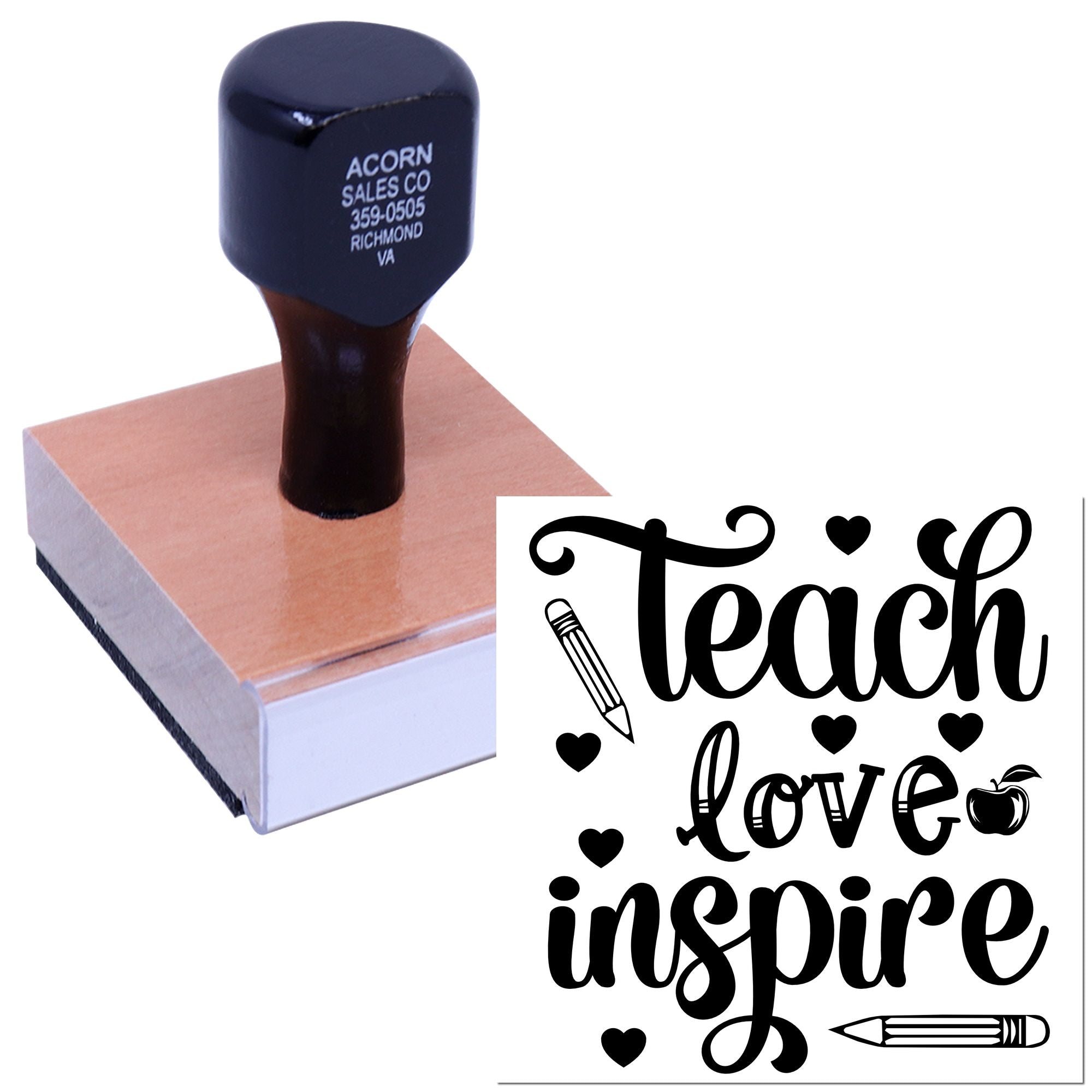 Teacher rubber stamp with Teach Love Inspire design for classroom crafts, cards, and school projects.