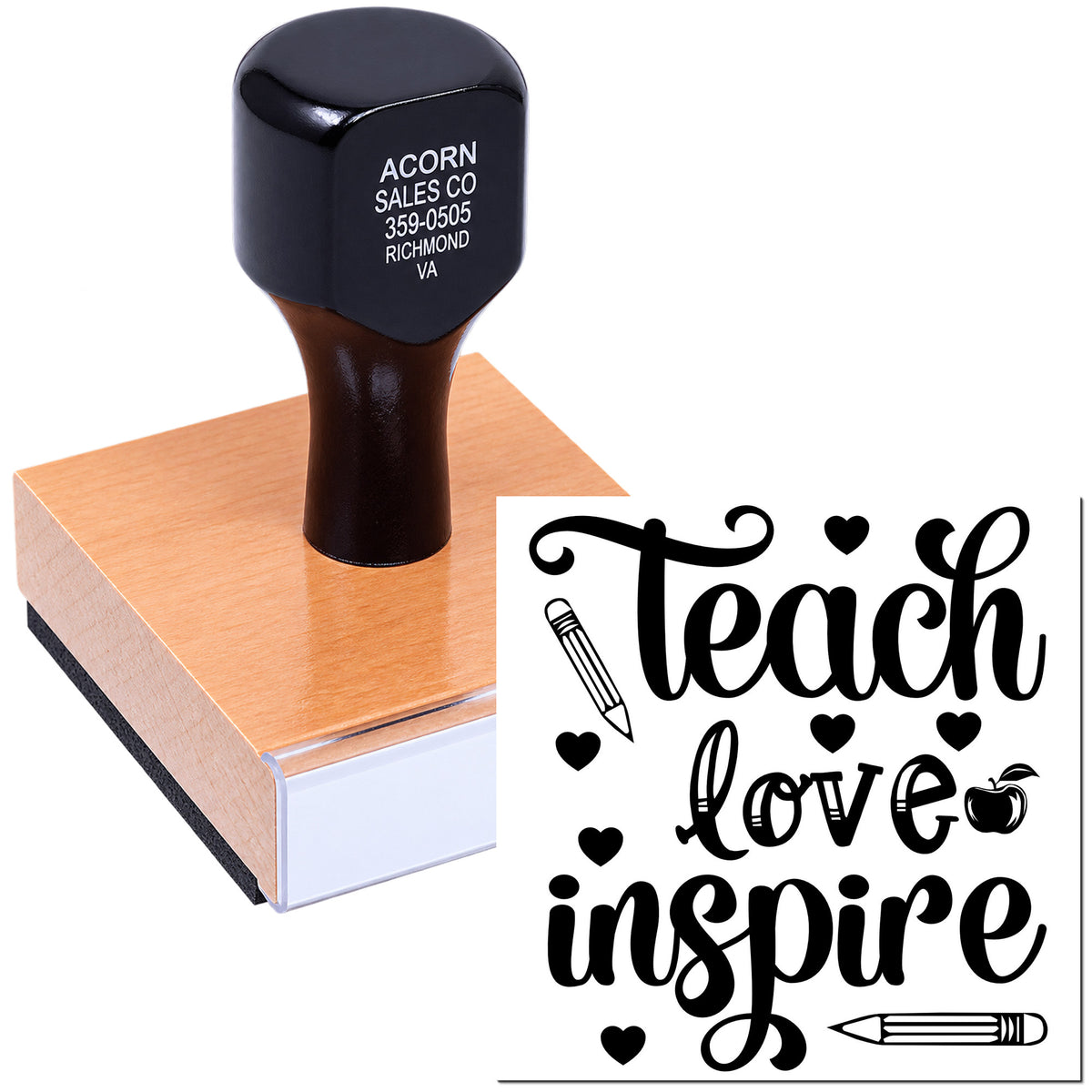 Teacher rubber stamp with Teach Love Inspire design for classroom crafts, cards, and school projects.