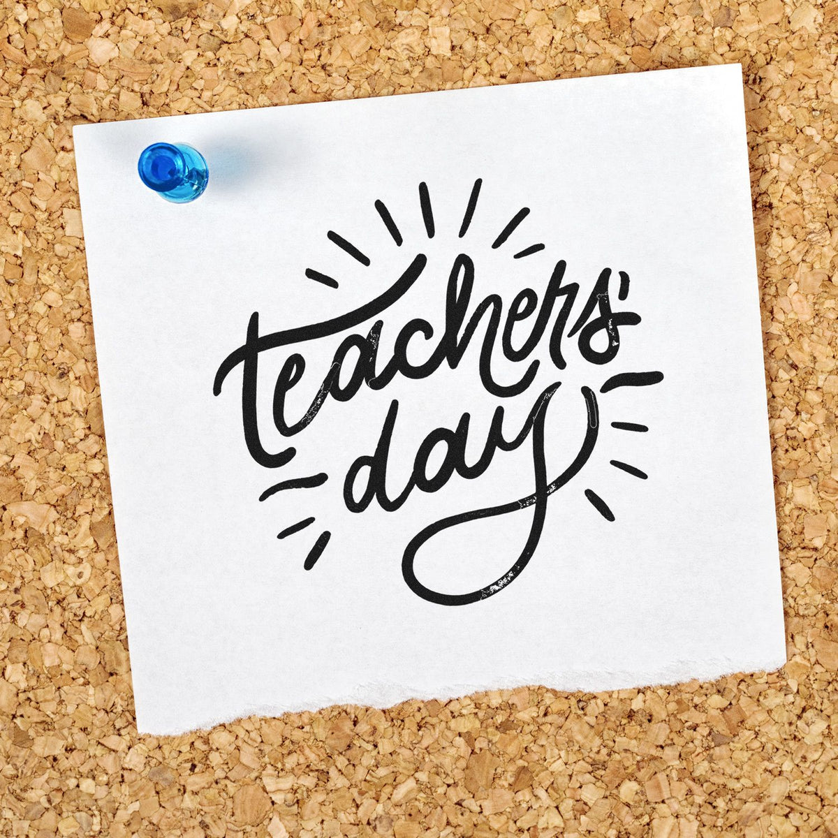 Teacher's Day rubber stamp design pinned on cork board, perfect for teacher appreciation cards, crafts, and DIY stationery.