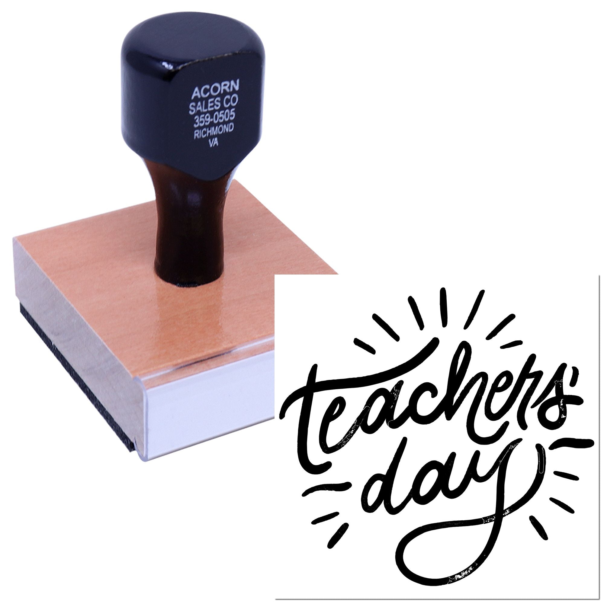 Custom rubber stamp on wooden base with Teachers Day design, ideal for personalized school or office stamping.