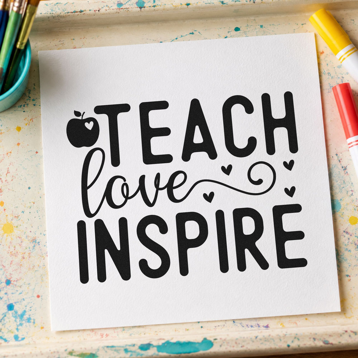 Teach Love Inspire Apple Hearts rubber stamp printed in black ink, ready for curling line cards and similar paper crafts.